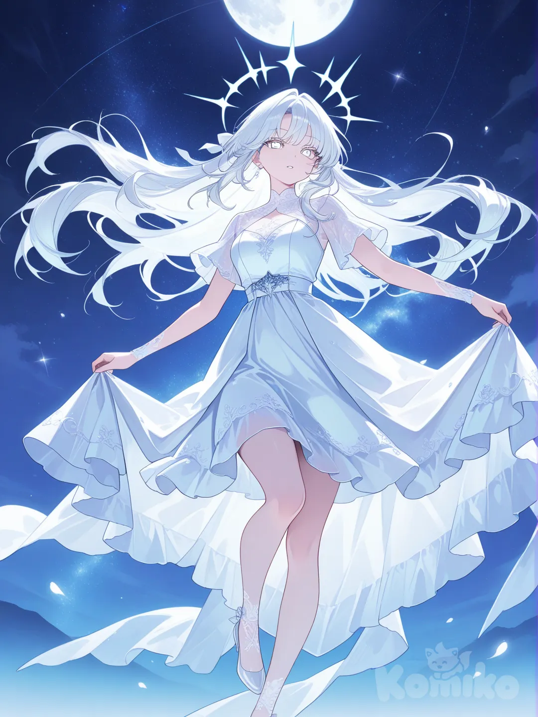 Mujer resplandeciente bajando de la luna de noche brillando de color blanco ojos blancos