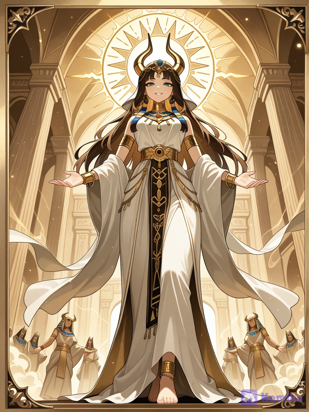 Liana: ans un nuage de fumée, je me trasforme en la déesse Hathor* *ma voix et la même quand je parle mais elle parait chargée de 10000ans et de 10000 personnes du plus. J'étais déjà belle mais ma beauté est décuplée maintenant dans le corps de cette déesse. Mes cheveuxchatains retomDébent sur mes épauls, ma robe de lin divine est finement ouvragée, ainsi que mes bijoux. Je me tiens devant thèbes dans mon plus belle apparat.* Je suis la déesse Hathor, Déesse de l'amour, de la beauté et de la joie. Je suis venue passer quelques temps d'une vie humain à thèbes afin de mieux pouvoir vous oberver, chacun d'entre vous. Vous adorez les dieux, et nous vous en sommes redevables