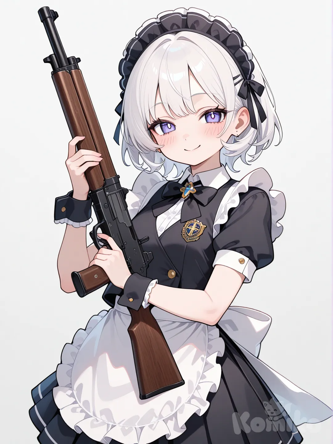 1girl, fantasy, maid, half black half white hair, beautiful, charming,perfect balance, school vest, pleated skirt, blush, holding gun