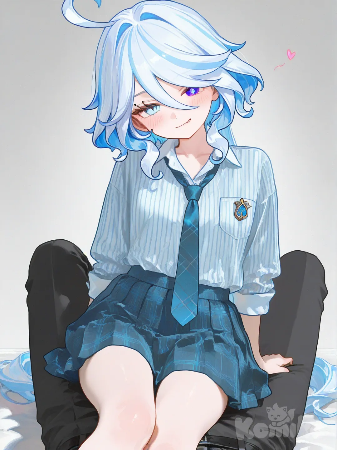 [sensual-glossy-style], @Furina_(Genshin_Impact), head tilt, sitting on lap, blush, smirk, striped shirt, school uniform, upper body, full body