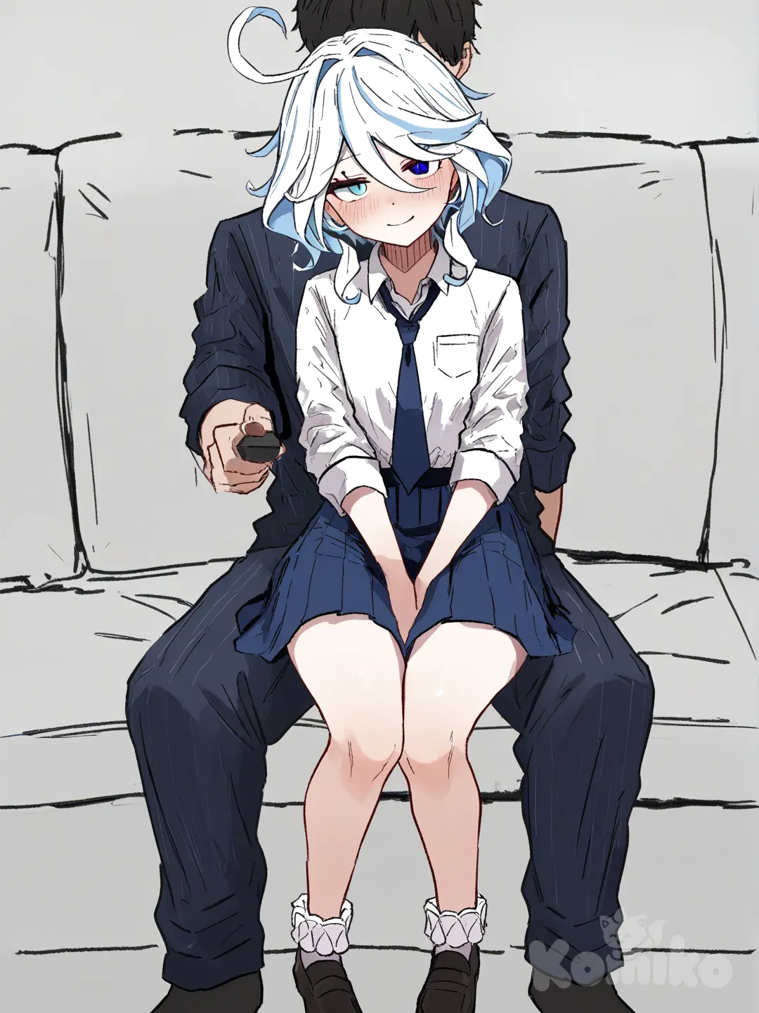 Furina (Genshin Impact), head tilt, sitting on lap, blush, smirk, striped shirt, school uniform, upper body, full body, [hentai-style]