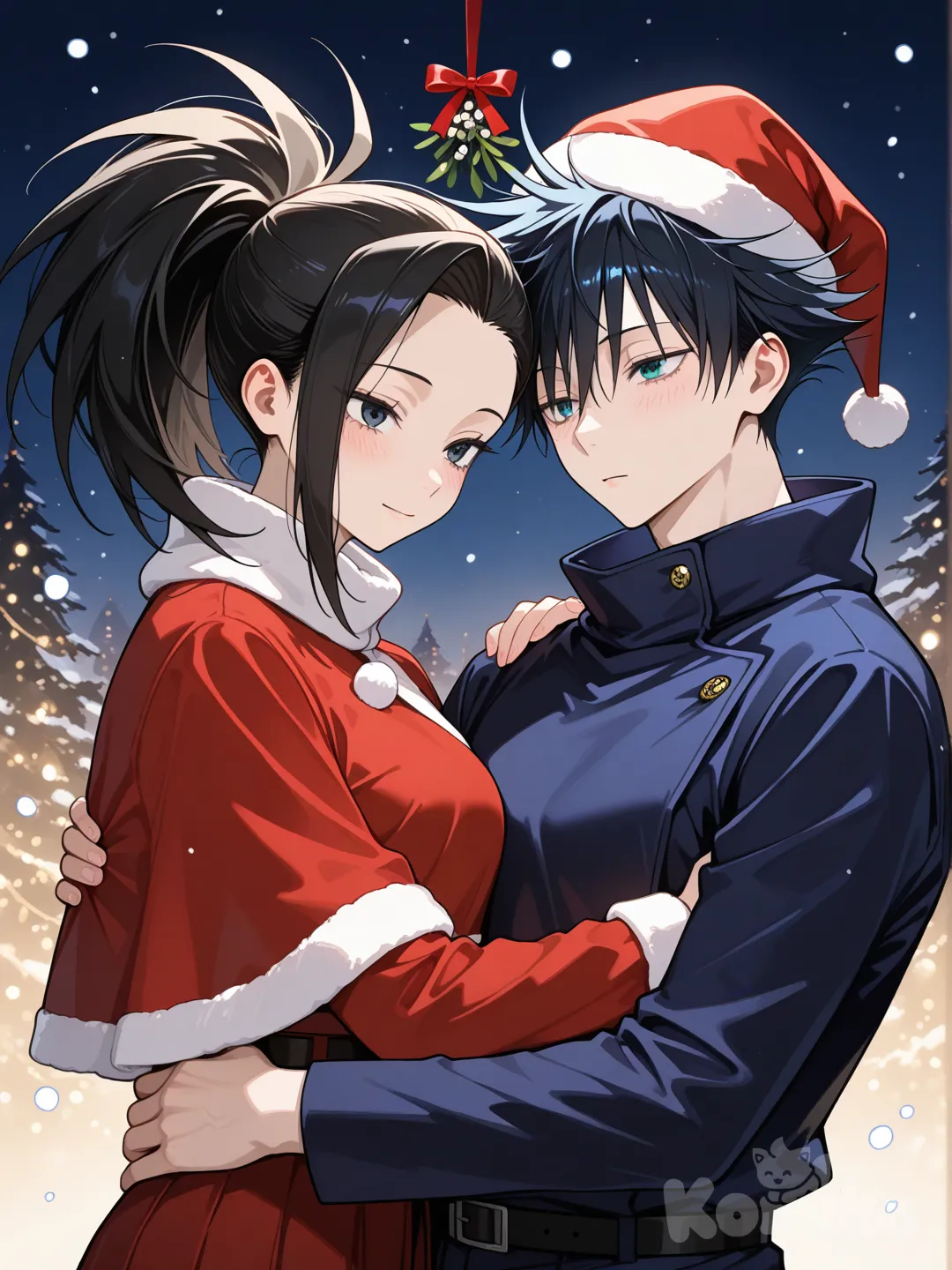 @Yaoyorozu_Momo tiene ojos alargados, piel clara y cabello negro mate con un mechón liso y puntiagudo que le cae sobre la frente del lado derecho; lleva el cabello recogido en una coleta alta y puntiaguda.@Fushiguro_Megumi Es delgado, tiene el cabello negro con las puntas despeinadas y ojos azul oscuro. Ambos visten uniforme de jujutsu , escenas romaticas y navidañeras, el solo con el gorro y ella vestida de papa noel sin barba. El es mas alto que ella, Merry chrismas