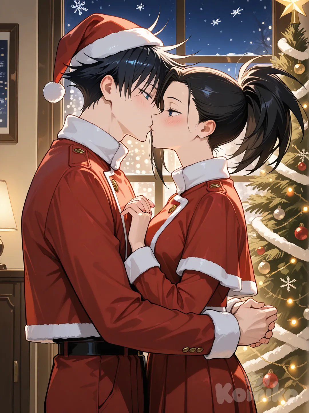@Yaoyorozu_Momo con ojos alargados, piel clara y cabello negro mate que incluye un mechón liso y puntiagudo cayendo sobre su frente del lado derecho, recogido en una coleta alta y puntiaguda, vestida como Papá Noel sin barba pero con elementos del uniforme de Jujutsu Kaisen adaptados festivamente; @Fushiguro_Megumi delgado y más alto que ella, con cabello negro de puntas despeinadas y ojos azul oscuro, usando el uniforme de Jujutsu con solo un gorro navideño rojo. Escenas románticas y navideñas acogedoras, como abrazos tiernos bajo luces de Navidad, besos suaves junto a un árbol decorado y paseos nevados tomados de la mano, capturando un ambiente cálido y mágico de invierno.