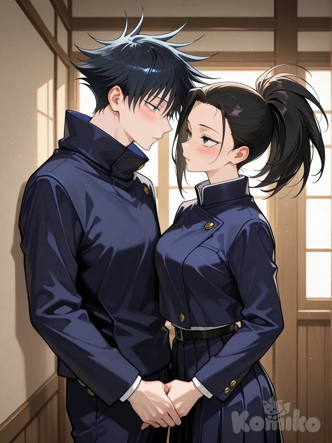 @Yaoyorozu_Momo, con ojos alargados y expresivos, piel clara y luminosa, cabello negro mate recogido en una coleta alta y puntiaguda, y un mechón liso y afilado cayendo sobre su frente del lado derecho, se encuentra en una escena romántica con @Fushiguro_Megumi, un joven delgado de cabello negro con puntas despeinadas y ojos azul oscuro intenso, ambos vistiendo los característicos uniformes de jujutsu kaisen; él, más alto que ella