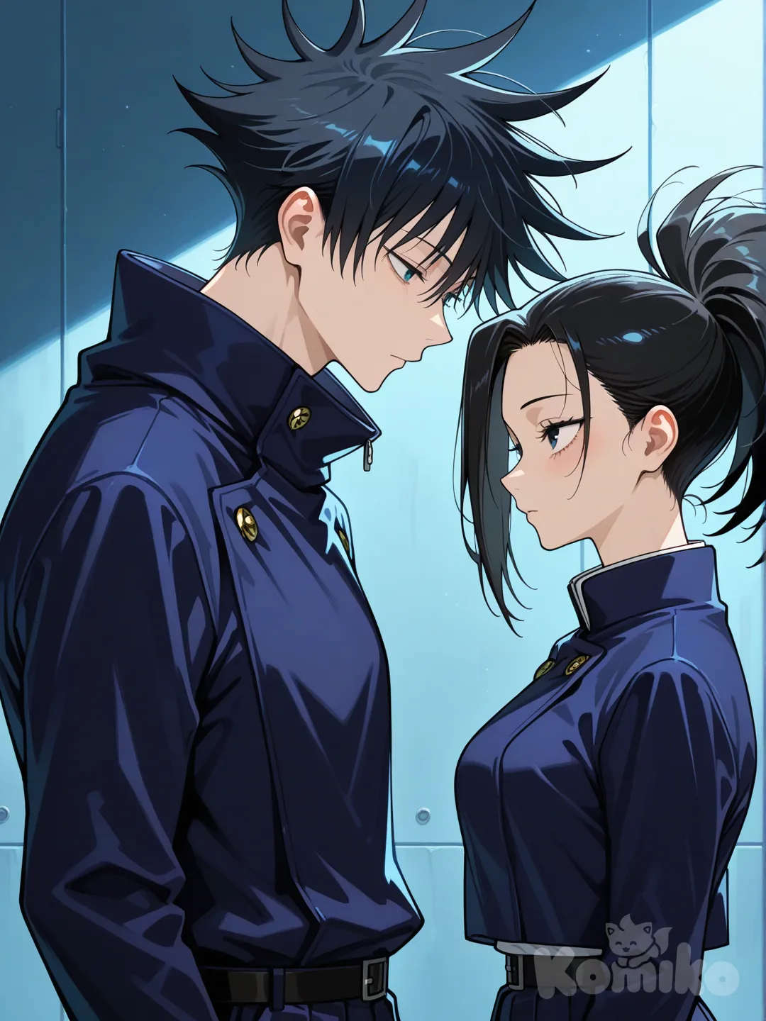 @Yaoyorozu_Momo, con ojos alargados y expresivos, piel clara y luminosa, cabello negro mate recogido en una coleta alta y puntiaguda, y un mechón liso y afilado cayendo sobre su frente del lado derecho, se encuentra en una escena romántica con @Fushiguro_Megumi, un joven delgado de cabello negro con puntas despeinadas y ojos azul oscuro intenso, ambos vistiendo los característicos uniformes de jujutsu kaisen; él, más alto que ella