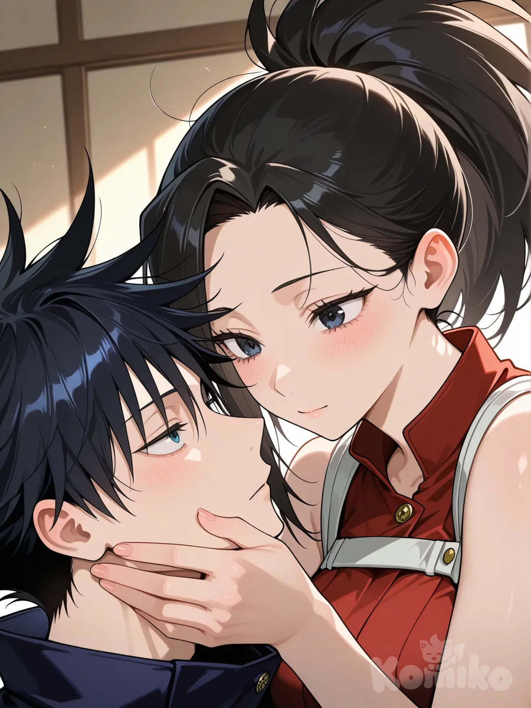 @Yaoyorozu_Momo, con ojos alargados y expresivos, piel clara y luminosa, cabello negro mate recogido en una coleta alta y puntiaguda, y un mechón liso y afilado cayendo sobre su frente del lado derecho, se encuentra en una escena romántica con @Fushiguro_Megumi, un joven delgado de cabello negro con puntas despeinadas y ojos azul oscuro intenso, ambos vistiendo los característicos uniformes de jujutsu kaisen; él, más alto que ella