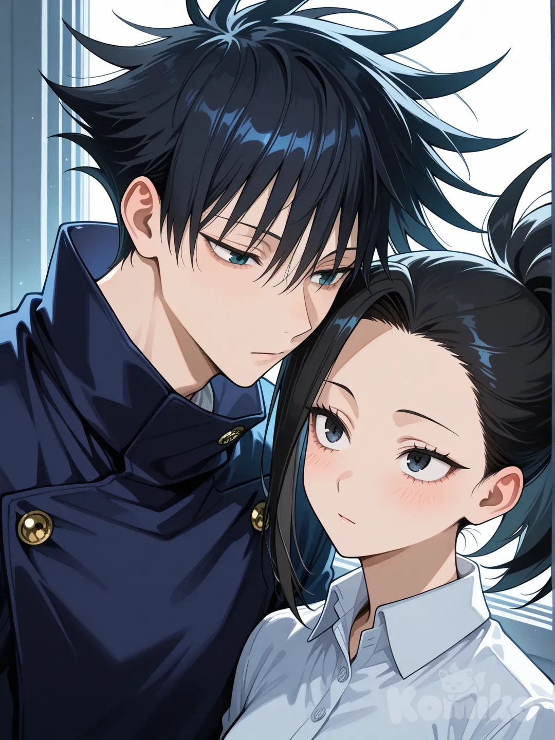 @Yaoyorozu_Momo, con ojos alargados y expresivos, piel clara y luminosa, cabello negro mate recogido en una coleta alta y puntiaguda, y un mechón liso y afilado cayendo sobre su frente del lado derecho, se encuentra en una escena romántica con @Fushiguro_Megumi, un joven delgado de cabello negro con puntas despeinadas y ojos azul oscuro intenso, ambos vistiendo los característicos uniformes de jujutsu kaisen; él, más alto que ella