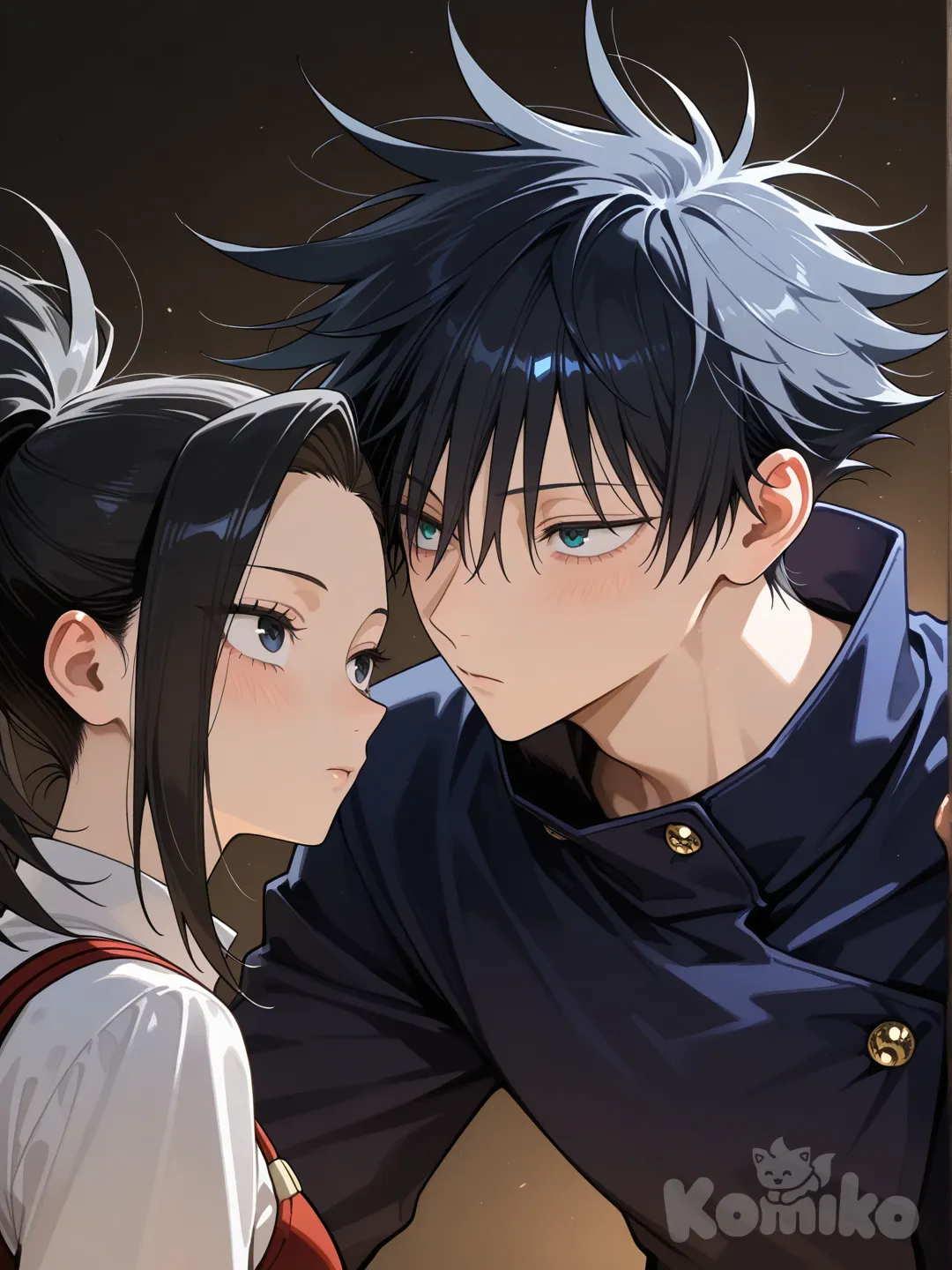 @Yaoyorozu_Momo, con ojos alargados y expresivos, piel clara y luminosa, cabello negro mate recogido en una coleta alta y puntiaguda, y un mechón liso y afilado cayendo sobre su frente del lado derecho, se encuentra en una escena romántica con @Fushiguro_Megumi, un joven delgado de cabello negro con puntas despeinadas y ojos azul oscuro intenso, ambos vistiendo los característicos uniformes de jujutsu kaisen; él, más alto que ella