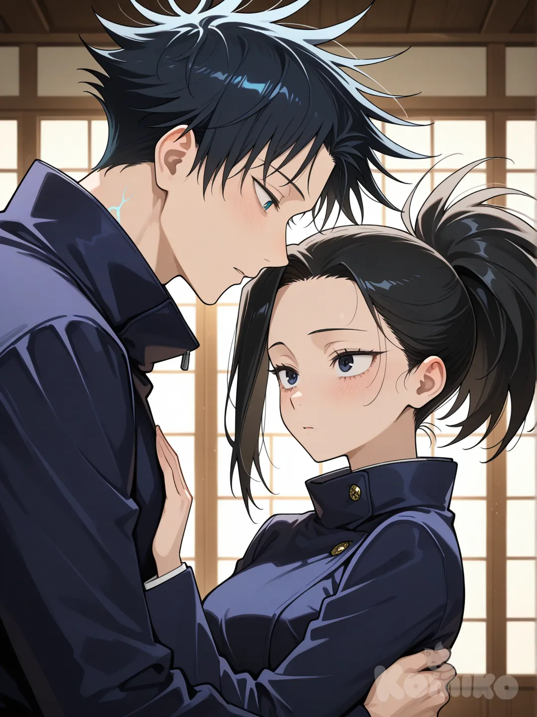 @Yaoyorozu_Momo, con ojos alargados y expresivos llenos de vulnerabilidad, piel clara y luminosa que resalta bajo la luz suave, cabello negro mate recogido en una coleta alta y puntiaguda con un mechón liso y afilado cayendo sobre su frente del lado derecho, es consolada tiernamente por @Fushiguro_Megumi, un joven delgado y más alto que ella, con cabello negro de puntas despeinadas y ojos azul oscuro intenso que transmiten calidez, ambos ataviados con los uniformes característicos de Jujutsu Kaisen mientras él es mas alto que ella