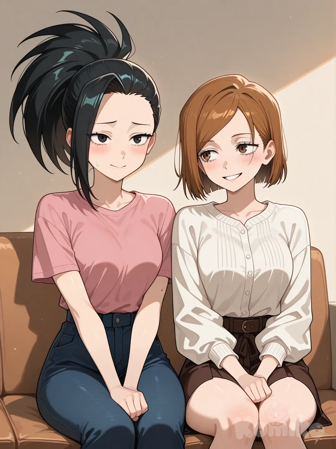 @Yaoyorozu_Momo, una joven adolescente con ojos alargados y expresivos rebosantes de vulnerabilidad que transmiten una emoción profunda, piel clara y luminosa que brilla suavemente bajo una luz tenue y cálida, cabello negro mate recogido en una coleta alta y puntiaguda con un mechón liso y afilado cayendo elegantemente sobre su frente del lado derecho, sin venda negra, @Kugisaki_Nobara es una joven de estatura promedio(1,60m), delgada y con una personalidad fuerte. , tiene el cabello y ojos son de color marrón claro. Lleva el cabello corto y con flequillo. sin venda negra en una escena relajada de amigos