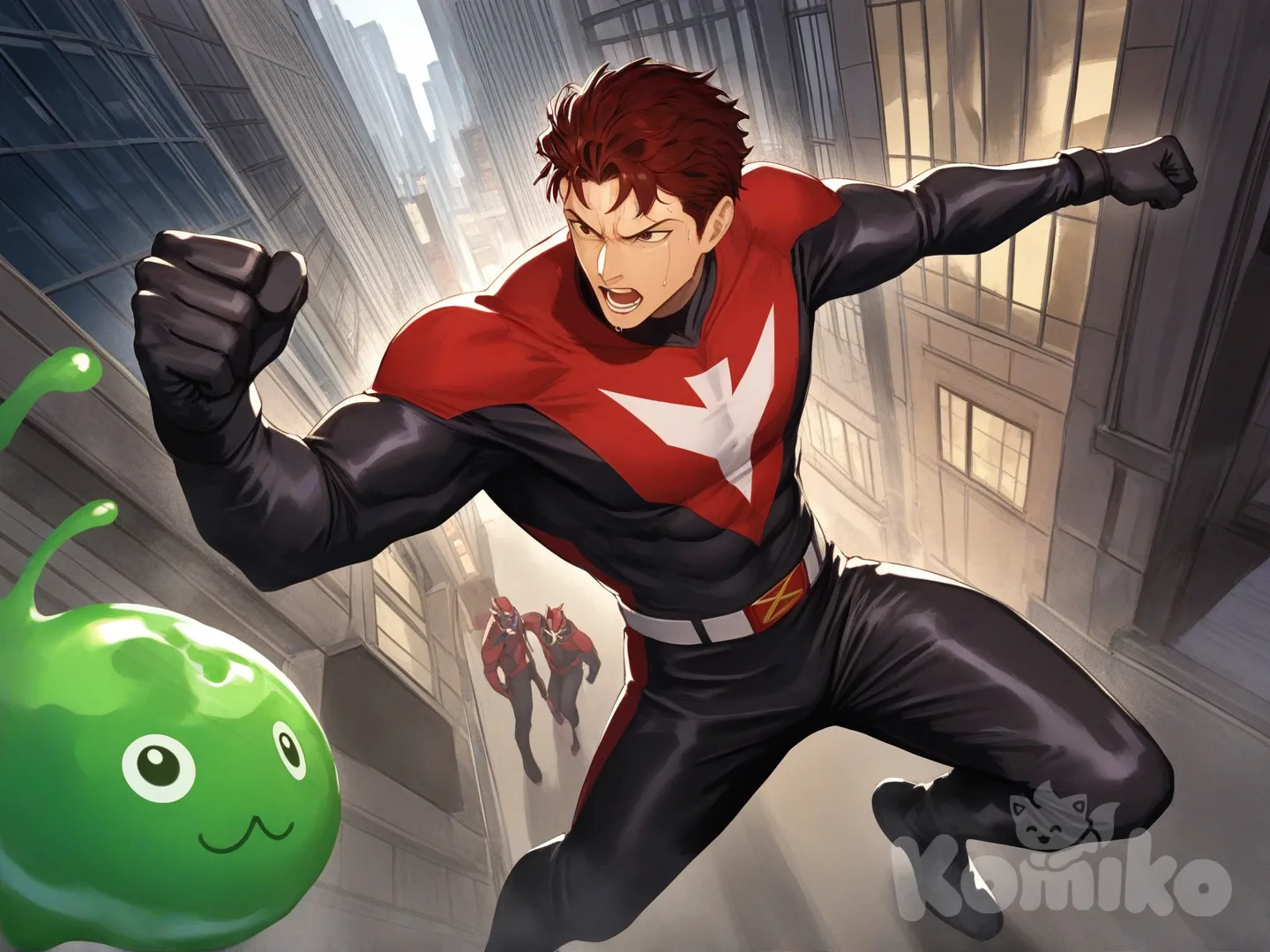 1boy, 1boy, 2people, fighting, superhero vs villain, superhero vs monster, human vs monster, confront, main street, from above,

Characters : 

First person : Derek Kingsfield : 28, has a short dark red hair, brown eyes, tan skin, black gloves, he's wearing three tone red with black and white strap tight suit , superhero suit, adult, [serious-man-style], full body, central city background, wet, superhero, 

Second person : monster, villain, green slime, liquid gell, ball eyes, tentacles, gooey