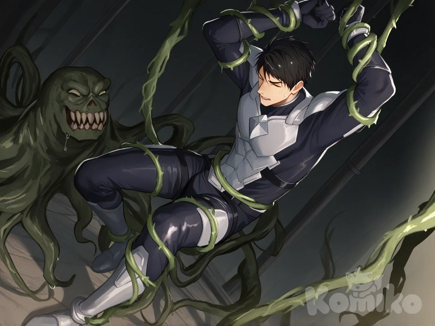 1boy, 1boy, 2people, fighting, superhero vs villain, superhero vs monster, human vs monster, confront, in city sewer

Characters :
First person : Yamazaki Sousuke, free! anime, has a short black hair, blue eyes, light skin, black gloves, he's wearing two tone black with white strap tight suit, superhero suit, adult, [serious-man-style], full body, sewer wall background, wet, superhero, captured, eye closed, tied up in standing spreadeagle, stand streched out in a x shape,

Second person : villain, gigantic plant monster, vines, tentacles, sewer monster, catch, dangerous