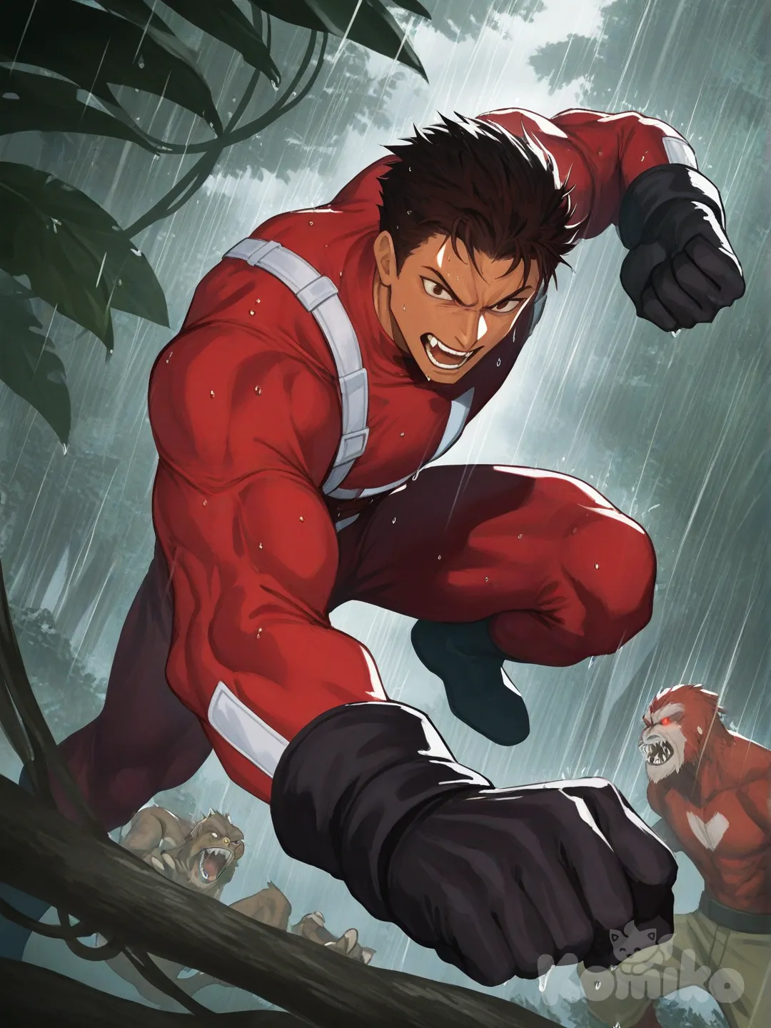 1boy, 1boy, 2people, fighting, superhero vs villain, superhero vs monster, human vs monster, in the jungle,

Characters :
First person : Derek Kingsfield : 28, jock studio, has a short dark red hair, brown eyes, tan skin, black gloves, he's wearing three tone red with black and white strap tight suit , superhero suit, adult, [serious-man-style], full body, jungle background, wet suit, full body, sewer background, wet, superhero, clenched fist, defensive stance, confront battle,

Second person : villain, primate monster, massive size, sharp teeth, big hand, jungle monster, dangerous, red eyes, imminent punch