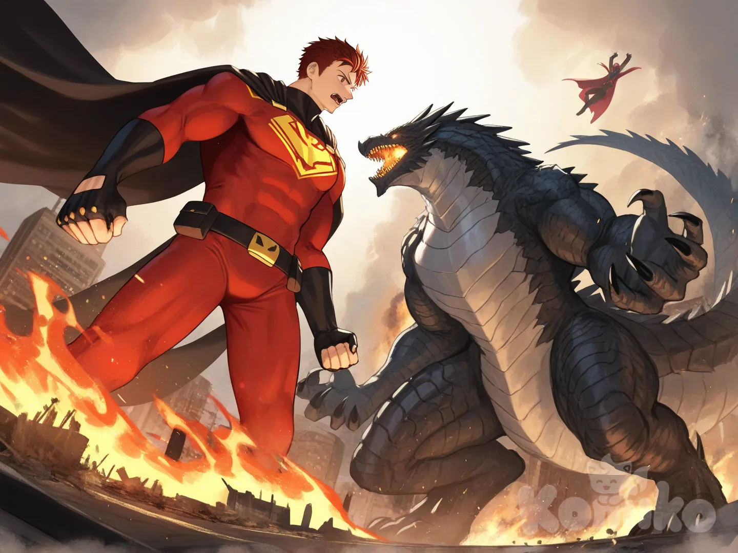 2people, superhero vs villain, superhero vs monster, rampage, city, ground, burning building, confront, from below, 

Characters:
First character: Superhero, Derek Kingsfield, Jock Studio, giant body, short dark red hair, brown eyes, warm peach skin tone, black gloves, he's wearing three tone red with black and white strap tight suit, superhero suit, [serious-man-style], full body, defense stance,

Second character: Villain, giant monster, red eyes, stan on two legs, fangs, sharp teeth, dragon scale, sharp claw, finned, big tail, nuclear breath, rampage