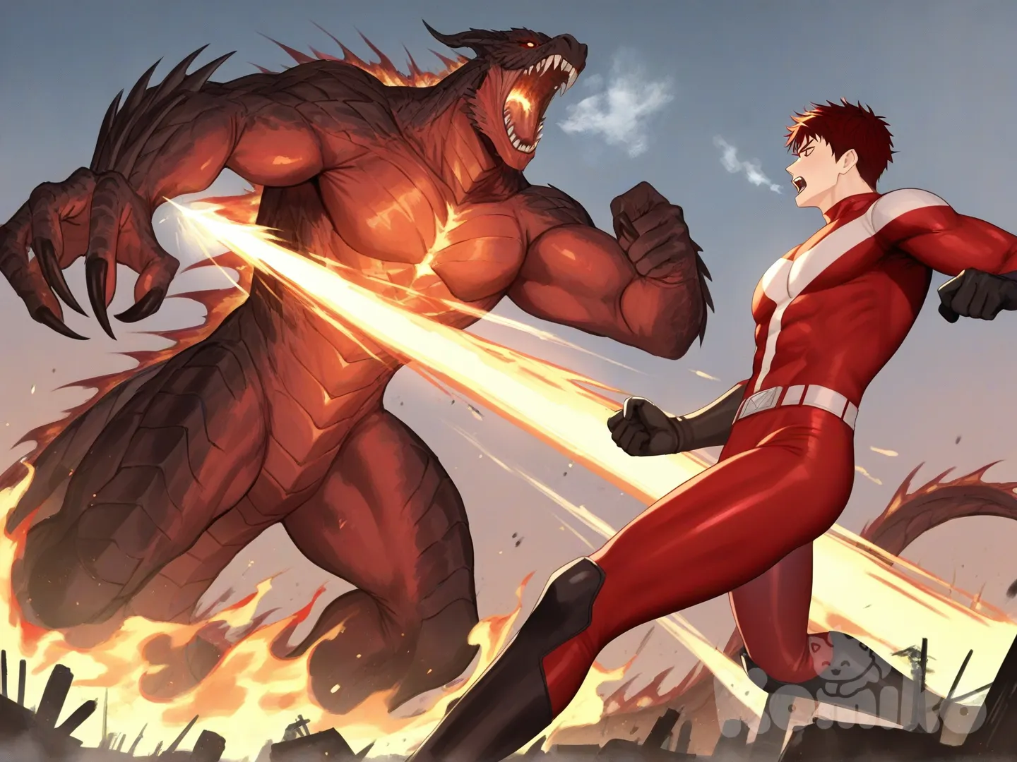 2people, superhero vs villain, superhero vs monster, rampage, city, ground, burning building, confront, from below, 

Characters:
First character: Superhero, Derek Kingsfield, Jock Studio, giant body, short dark red hair, brown eyes, warm peach skin tone, black gloves, he's wearing three tone red with black and white strap tight suit, superhero suit, [serious-man-style], full body, flying kick,

Second character: Villain, giant monster, red eyes, stan on two legs, fangs, sharp teeth, dragon scale, sharp claw, finned, big tail, nuclear breath, rampage