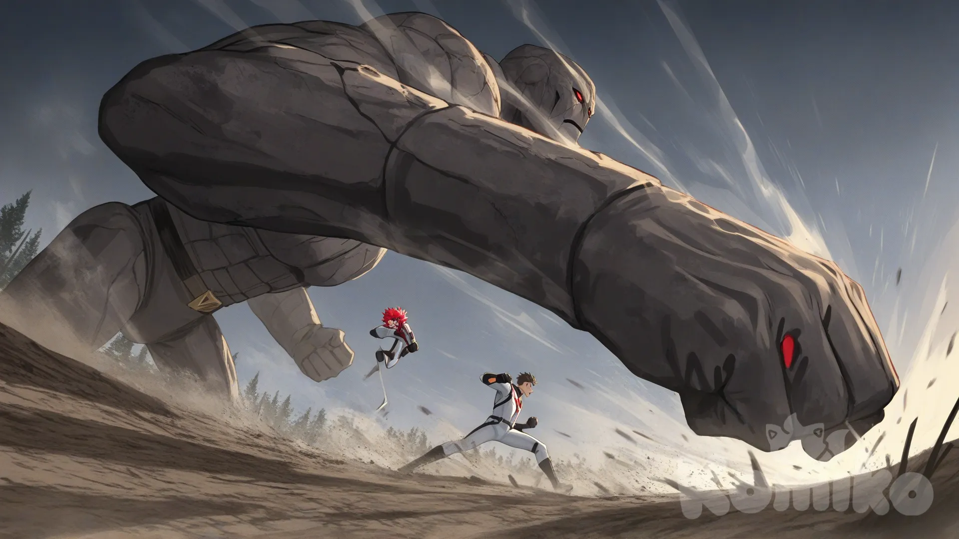 2people, superhero vs villain, superhero vs monster, rampage, taiga biome, ground, foggy, confront, from below, 

Characters:
First character: Superhero, Yuuto Nakajima, Jock Studio, giant body, spiky peach hair undercut, pink eyes, peach skin tone, black gloves, he's wearing three tone white with black and gold strap tight suit, superhero suit, [serious-man-style], full body, flying kick,

Second character: Villain, Golem monster, red eyes, stan on two legs, solid body, stone, covered dirt and moss, rampage