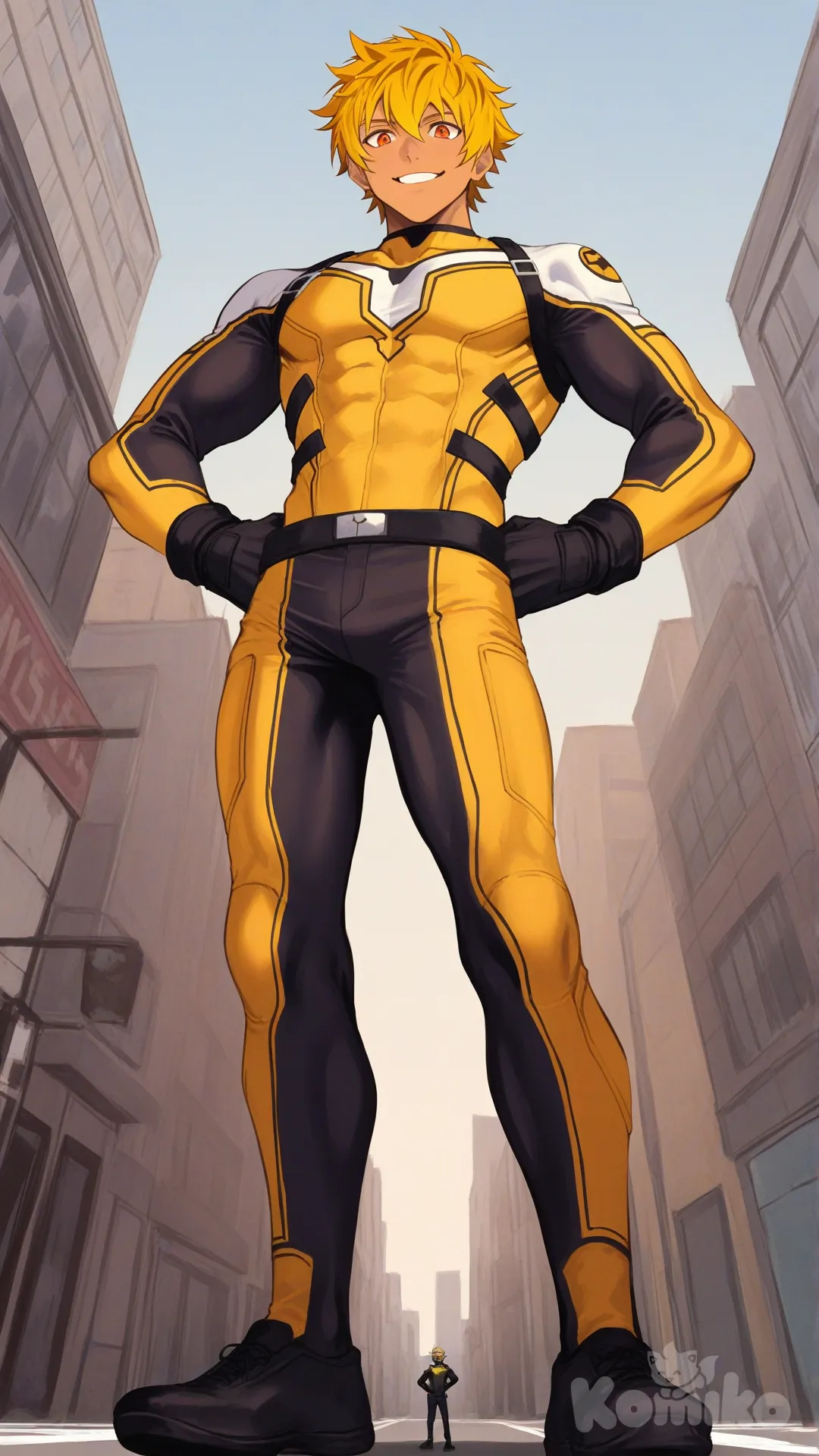 1boy, solo, from below, city, main street,

Characters:
First character: Superhero, Leo Mendez, Jock Studio, giant body, slim body, yellow hair color, orange eyes, medium skin tone, black gloves, he's wearing three tone yellow with white and black strap tight suit, superhero suit, [serious-man-style], full body, standing, hands on hips, smile