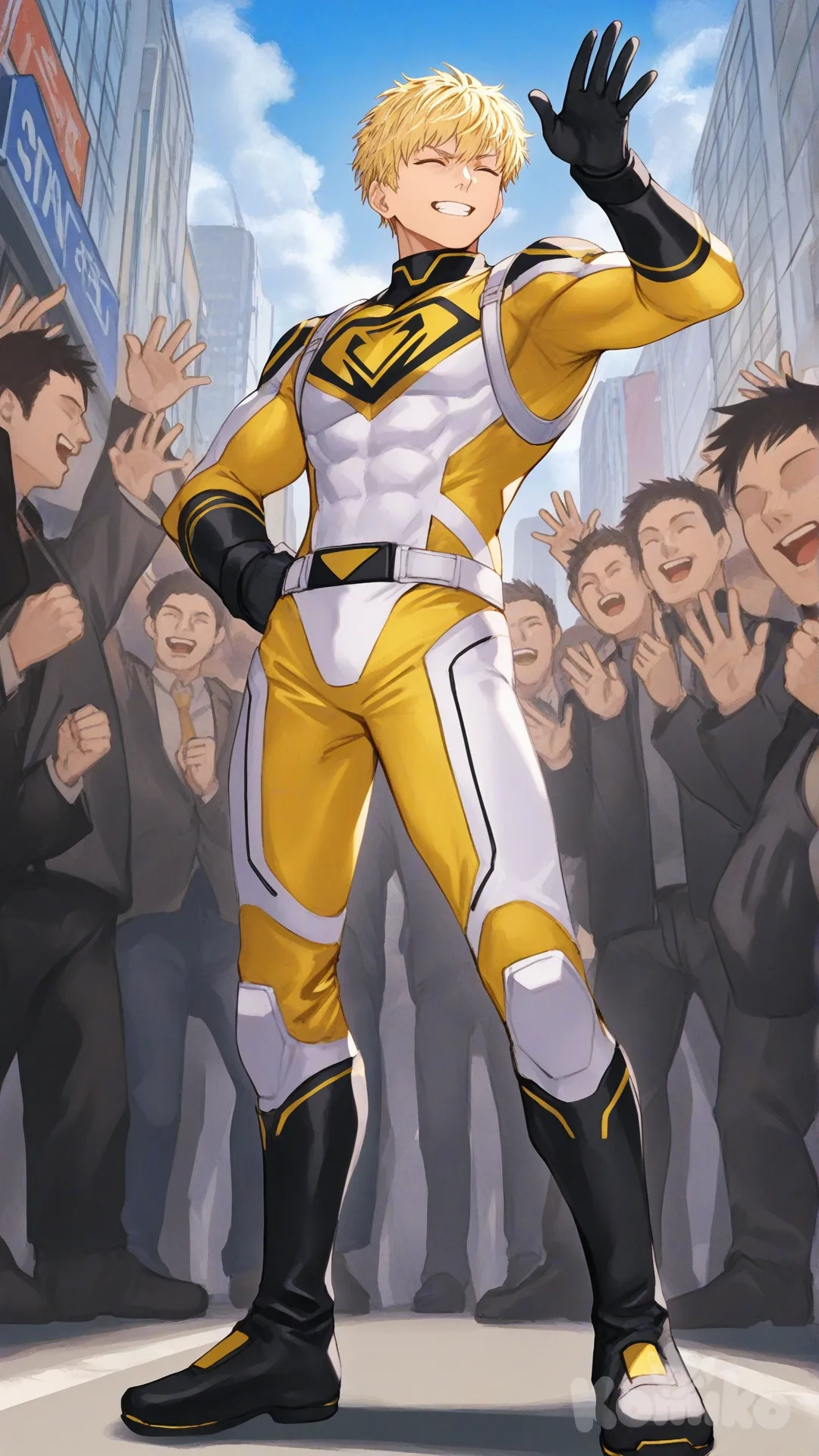 1boy, solo, from below, city, main street, surrounded by citizen, cheering by citizen,

Characters:
First character: Superhero, Leo Mendez, Jock Studio, slim body, yellow hair color, eyes closed, medium skin tone, black gloves, he's wearing three tone yellow with black and white strap tight suit, superhero suit, [serious-man-style], full body, standing, wave one hands, one hands on hips, smile, looking away, clenched teeth