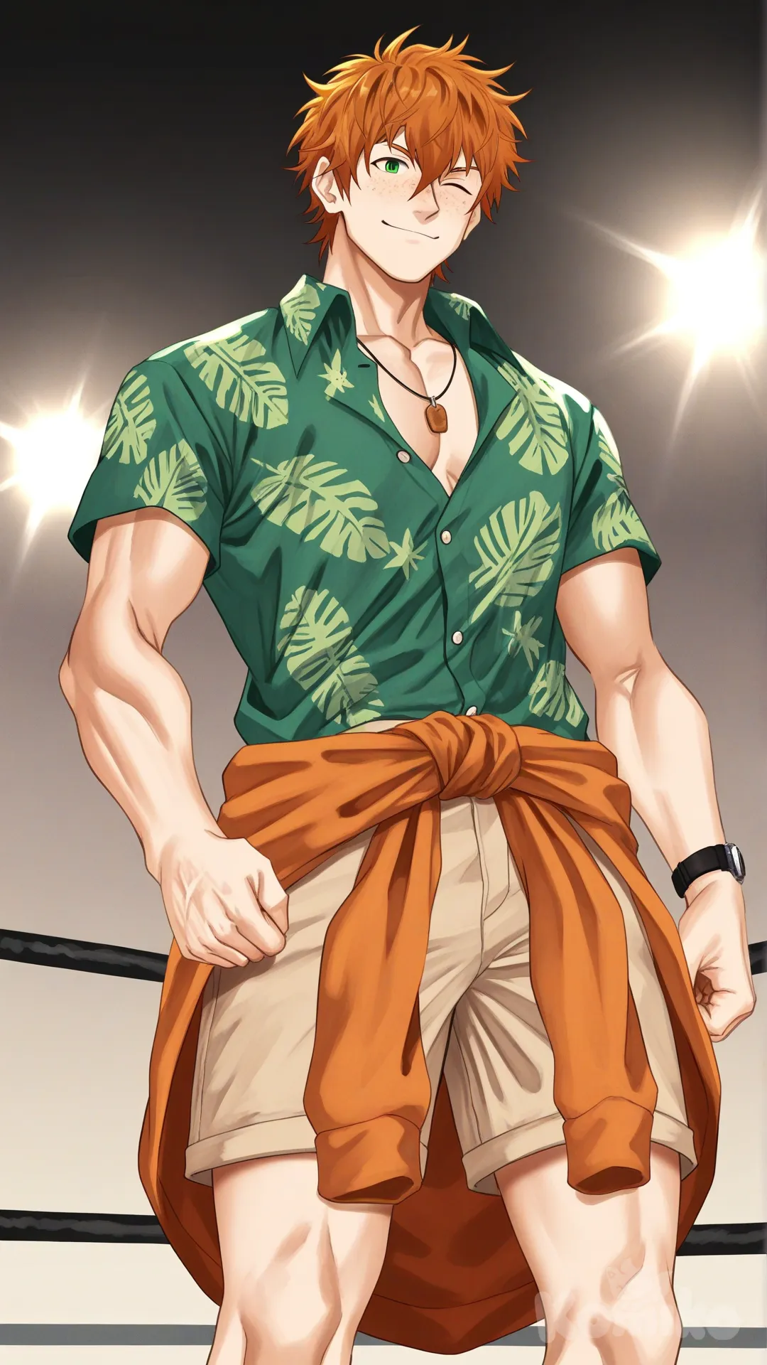 1boy, solo, from below, wrestling arena,

Characters:
First person: Bryce Callahan, Jock Studio, messy orange hair color, green eyes, fair skin tone, muscular body, freckles on face, wears light green color hawaiian shirt leaves pattern, orange sweater ties around waist, brown khaki shorts, simple necklace, watch, [serious-man-style], standing, full body, open hands, smile, one eye closed