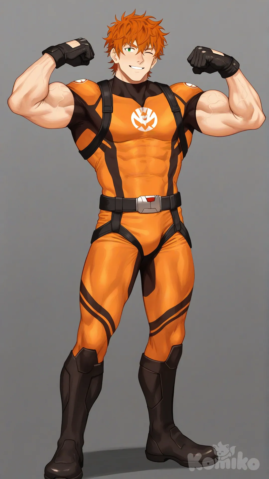 1boy, solo, white background, front profile photo, 

Characters:
First person: Superhero, Bryce Callahan, Jock Studio, giant body, muscular body, messy orange hair, green eyes, fair skin tone, black gloves, he's wearing three tone orange with white and black strap tight suit, superhero suit, [serious-man-style], full body, standing, one eye closed, smile, flexing