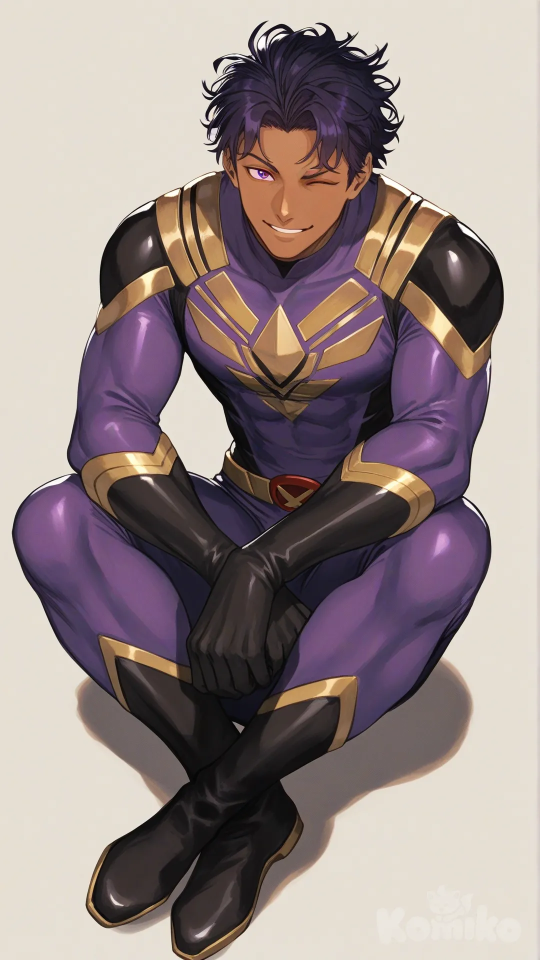 1boy, solo, white background, front profile photo,

Characters:
First character: Superhero, Zayne Alexander, Jock Studio, muscular body, purple eyes, purple hair man bun, dark skin tone, black gloves, he's wearing three tone purple with black and gold strap tight suit, superhero suit, [serious-man-style], full body, smile, one eyes closed, sitting on the ground, looking at viewer