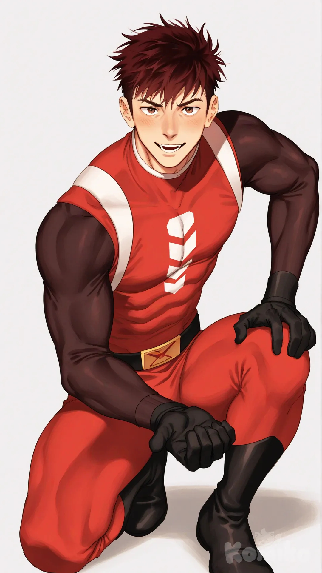 1boy, solo, white background, front profile photo, looking at viewer, marriage proposal, 

Characters:
First character: Superhero, Derek Kingsfield, Jock Studio, muscular body, brown eyes, short dark red hair, warm peach skin tone, black gloves, he's wearing three tone red with black and white strap tight suit, superhero suit, [serious-man-style], full body, kneel on one feet, smile, open mouth, blush, hand on own knee, offering hand