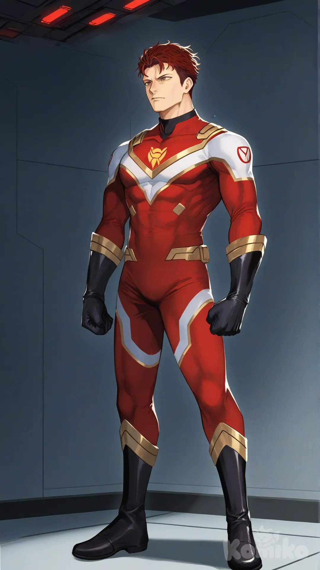 1boy, solo, villain hideout, from front, 

Characters:
First character: Superhero, Derek Kingsfield, Jock Studio, muscular body, brown eyes, short dark red hair, warm peach skin tone, black gloves, wears hero suit with a red base and white and gold lines, superhero suit, [serious-man-style], full body, standing
