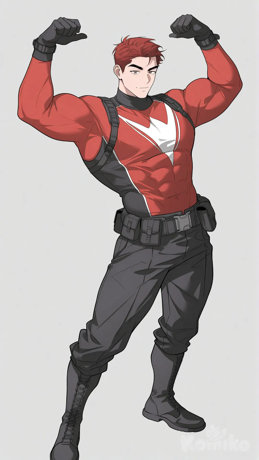 1boy, solo, white background, from front, 

Characters:
First character: Superhero, Derek Kingsfield, Jock Studio, muscular body, brown eyes, short dark red hair, warm peach skin tone, black gloves, black boots, [muscular-manhwa-style], wears hero suit with a red base and white and gold lines, superhero suit, full body, standing