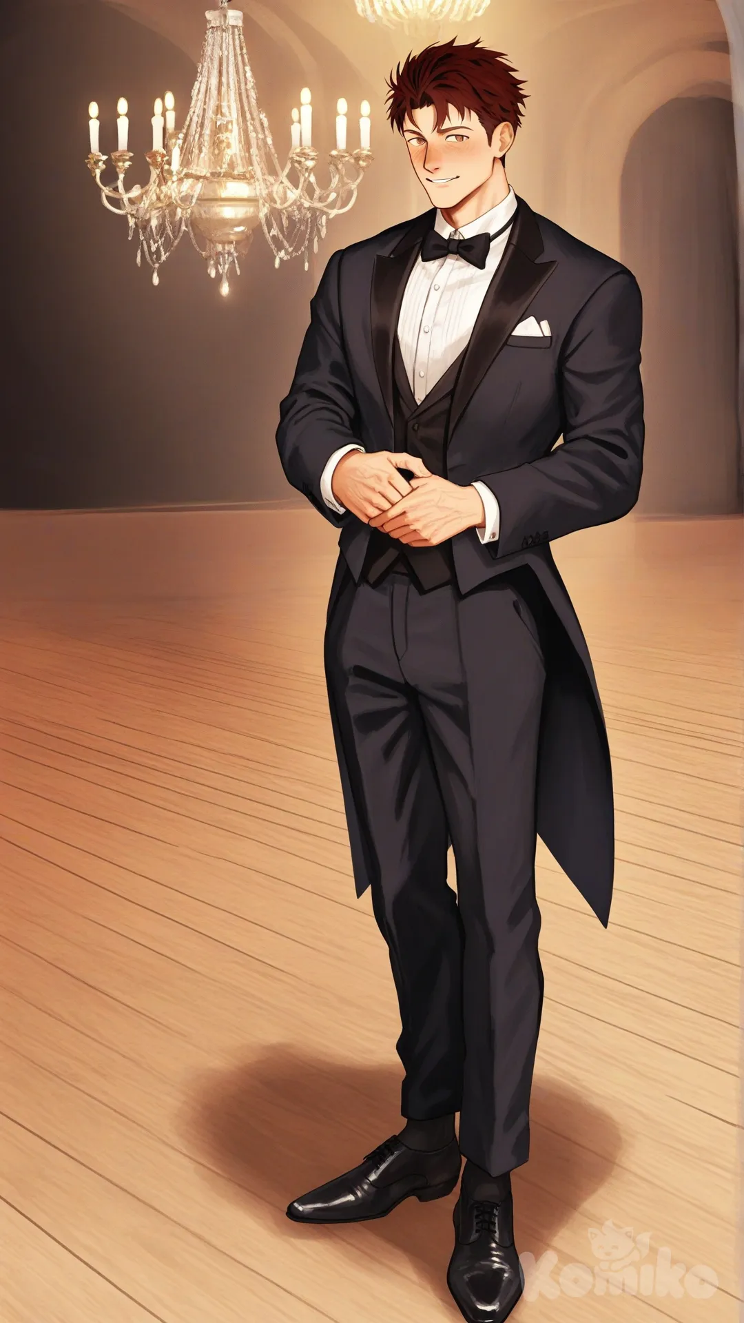 1boy, solo, hall dance background, looking at viewer,

Characters:
First character: Superhero, Derek Kingsfield, mature, Jock Studio, muscular body, brown eyes, short dark red hair, warm-peach skin tone, [serious-man-style], black OTC sock, full body, wears, tuxedo, looks fancy, thin smile, blush