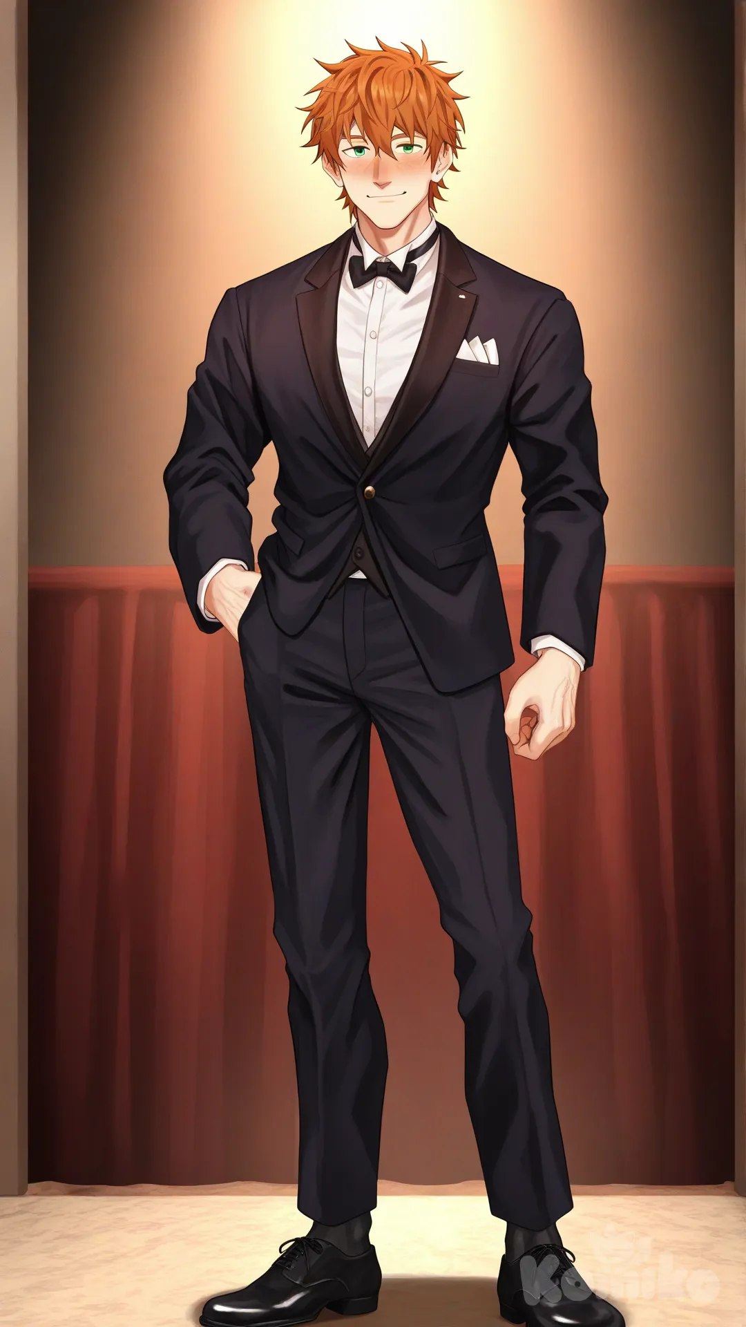 1boy, solo, hall dance background, looking at viewer,

Characters:
First character: Superhero, Bryce Callahan, Jock Studio, giant body, muscular body, messy orange hair, green eyes, fair skin tone, [serious-man-style], black OTC sock, full body, wears, tuxedo, looks fancy, thin smile, blush