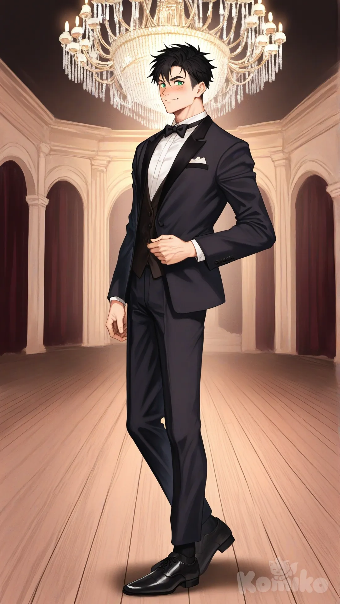 1boy, solo, hall dance background, looking at viewer, 
Characters: 
First character: Superhero, Avan Geiserford, Jock Studio, slim-fit body, mature, short side part cut hairstyle black hair color, cyan eyes, fair skin tone, [serious-man-style], black OTC sock, full body, wears, tuxedo, looks fancy, thin smile, blush