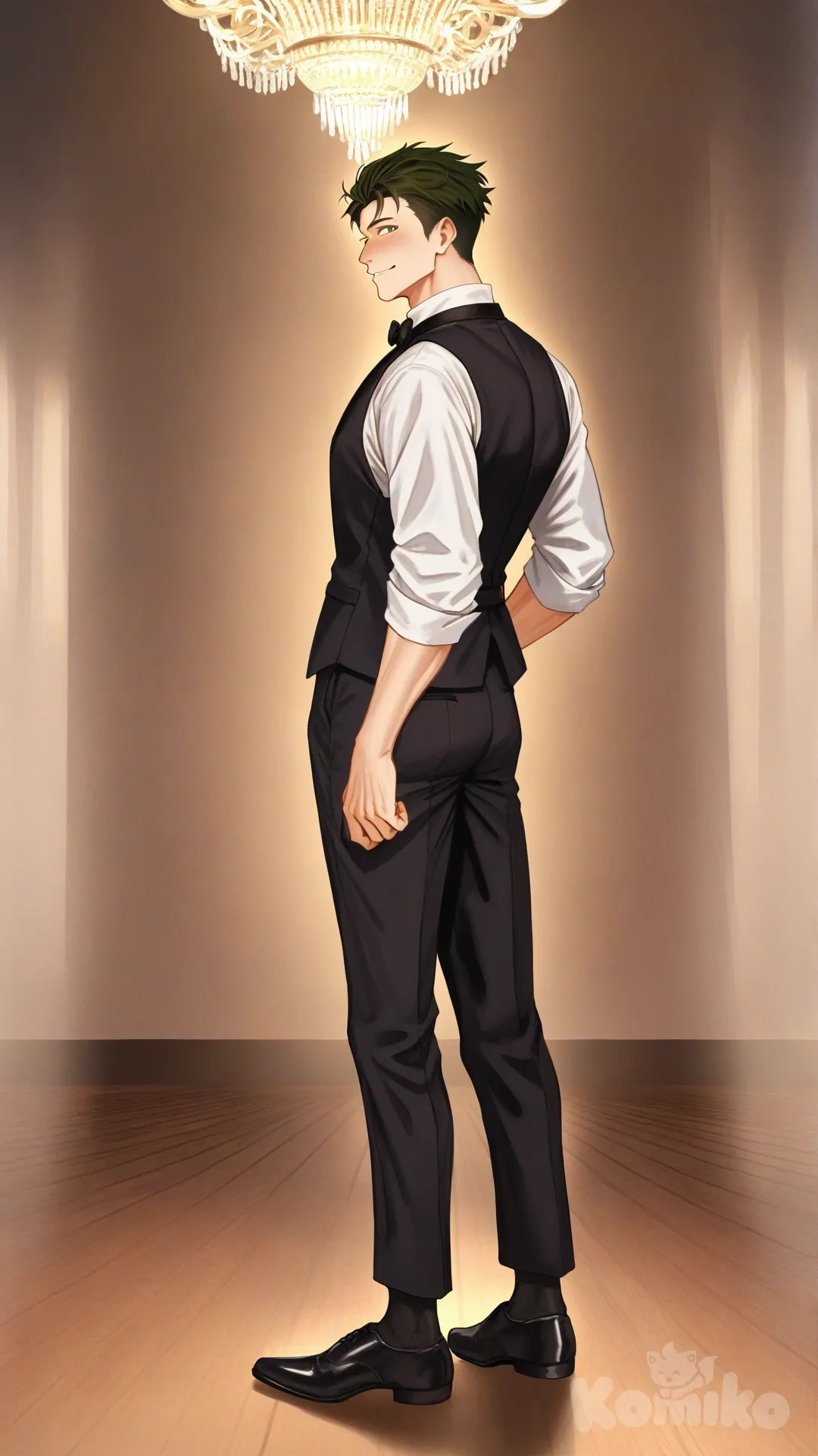 1boy, solo, from side, hall dance background, looking at viewer,

Characters:
First character: Superhero, Matt Carter, Jock Studio, athletic body, low taper quiff cut olive hair color, green eyes, medium skin tone, mature, [serious-man-style], black OTC sock, full body, wears, tuxedo, looks fancy, thin smile, blush