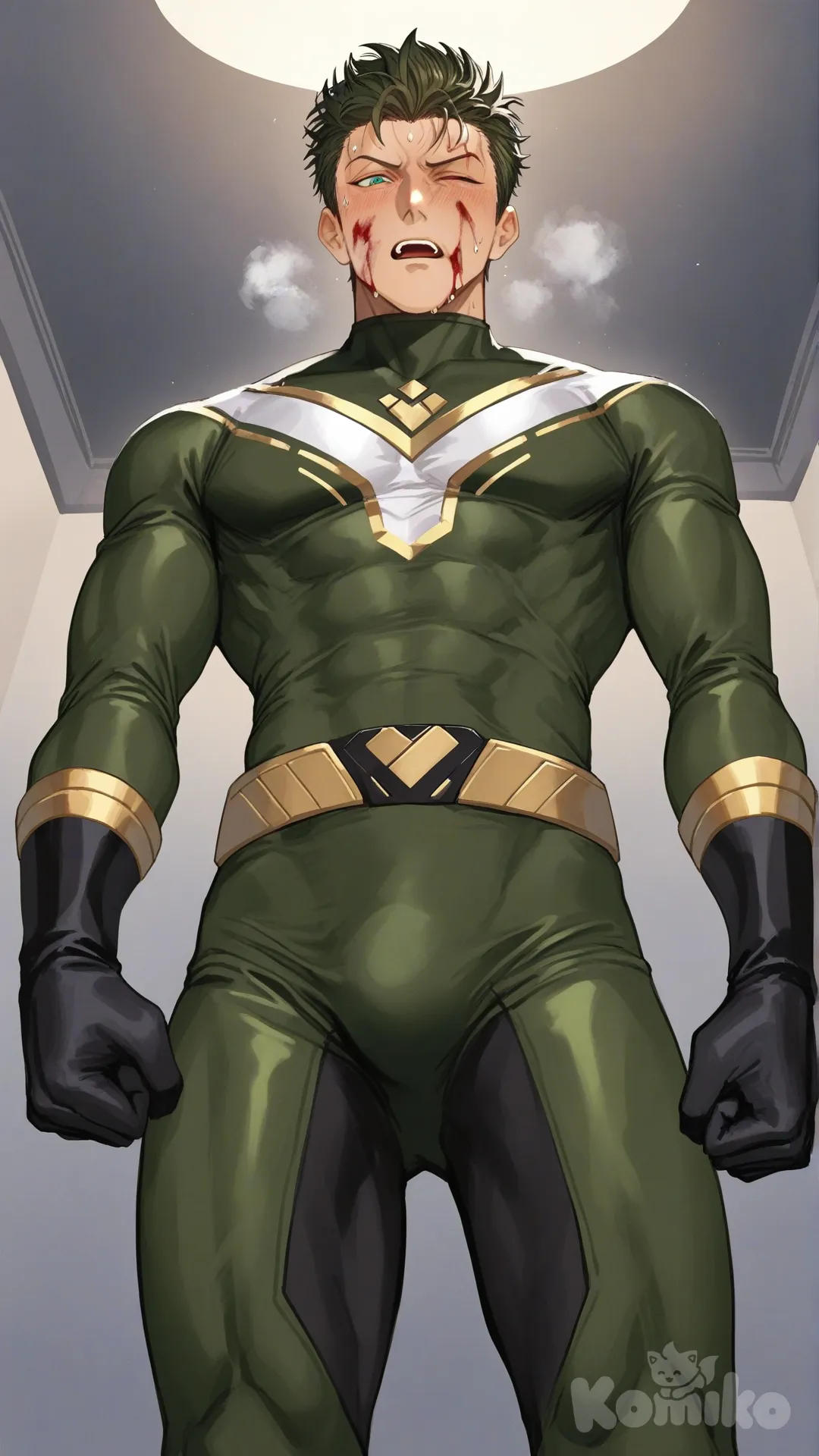 1boy, solo, on the ground, from below, looking down, looking at another, ceiling background, 

Characters:
First person: Superhero, Matt Carter, Jock Studio, athletic body, low taper quiff cut olive hair color, green eyes, medium skin tone, mature, black gloves, mature, wears a hero suit with a green base and white and gold lines, superhero suit, [serious-man-style], full body, standing, superhero, blush, heavy breathing, torn suit, bruise on face, one eye closed, forehead bleeding, injured