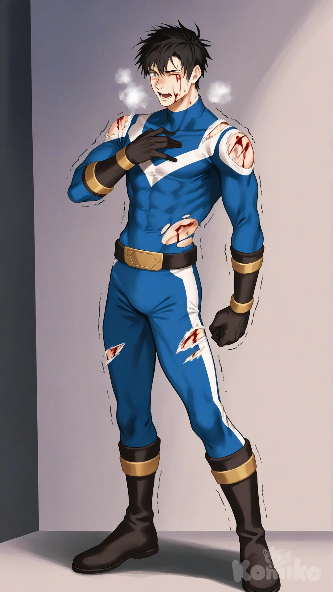 1boy, solo, laboratory background, front profile photo, 

Characters:
First character: Superhero, Avan Geiserford, Jock Studio, slim-fit body, mature, short side part cut hairstyle black hair color, cyan eyes, fair skin tone, black gloves, wears a hero suit with a blue base and white and gold lines, superhero suit, [serious-man-style], full body, standing, wince, Injured, torn suit, bleeding, bruise on face, hand on own chest, heavy breathing, one eye closed, trembling