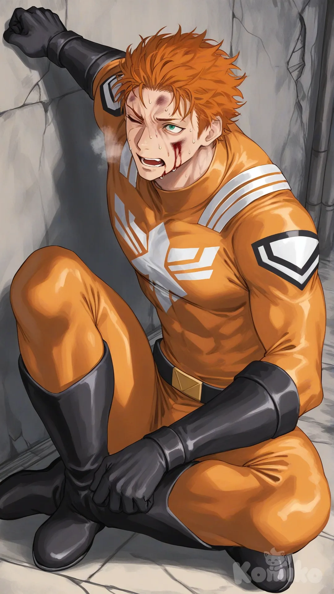 1boy, solo, front view, from below, damaged wall background, side road,

Characters:
First character: Superhero, Bryce Callahan, Jock Studio, muscular body, mature, messy orange hair, green eyes, fair skin tone, black gloves, wears a hero suit with a orange and white and gold lines, superhero suit, [serious-man-style], full body, leaning against the wall, heavy breathing, torn suit, bruise on face, one eye closed, forehead bleeding, injured, sitting on the ground, look up, wince