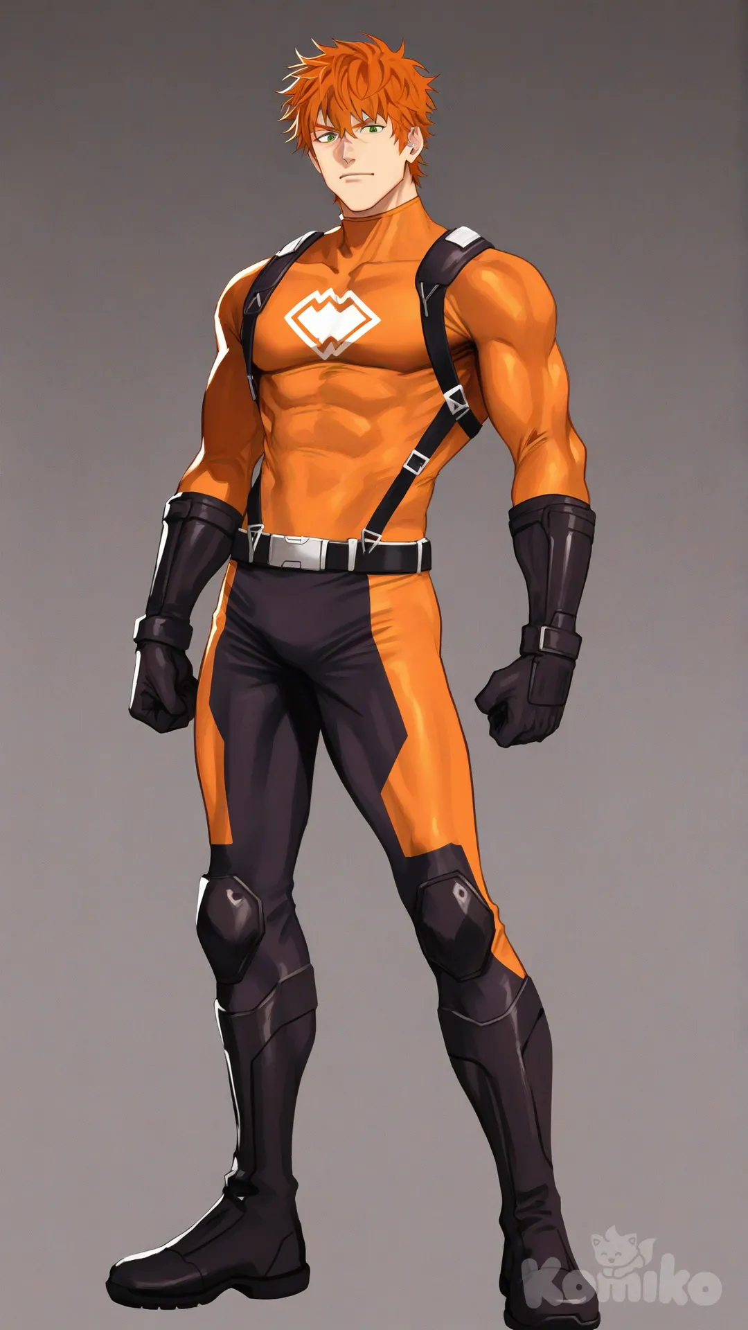 1boy, solo, white background, front profile photo, looking at viewer, front view

Characters: First character: Superhero, Bryce Callahan, Jock Studio, muscular body, mature, green eyes, messy orange hair, fair skin tone, black gloves, wears three tone orange with black and white strap tight suit, superhero suit, [serious-man-style], full body, standing