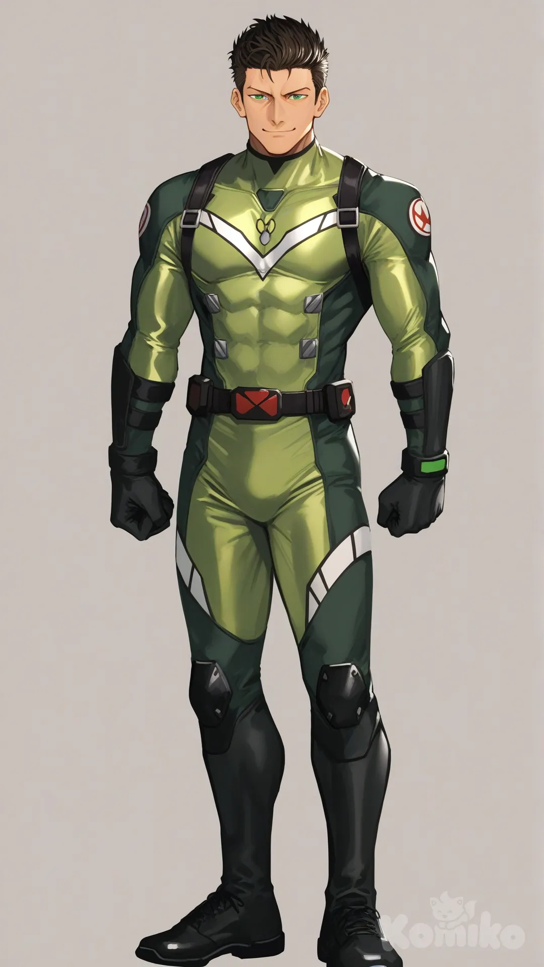 1boy, solo, white background, from front, front profile photo, looking at viewer,

Characters:
First character: Superhero, Matt Carter, Jock Studio, athletic body, low taper quiff cut olive hair color, green eyes, medium skin tone, mature, [serious-man-style], wears three tone green with black and white strap tight suit, superhero suit, superhero suit, full body, standing, closed mouth, smile
