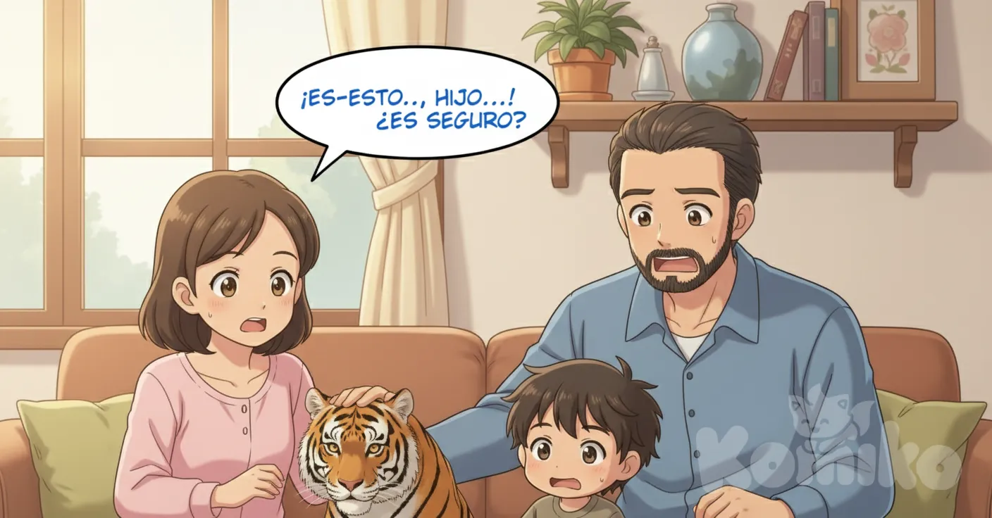 iñeta 4: Reacción de los padres / familia — Plano medio estilo chibi que muestra a los padres retrocediendo boquiabiertos; la mamá (en off) grita “¡Apártate, hijo…!” y el papá, balbuceando, pregunta “Esto… ¿es… seguro?”., anime style