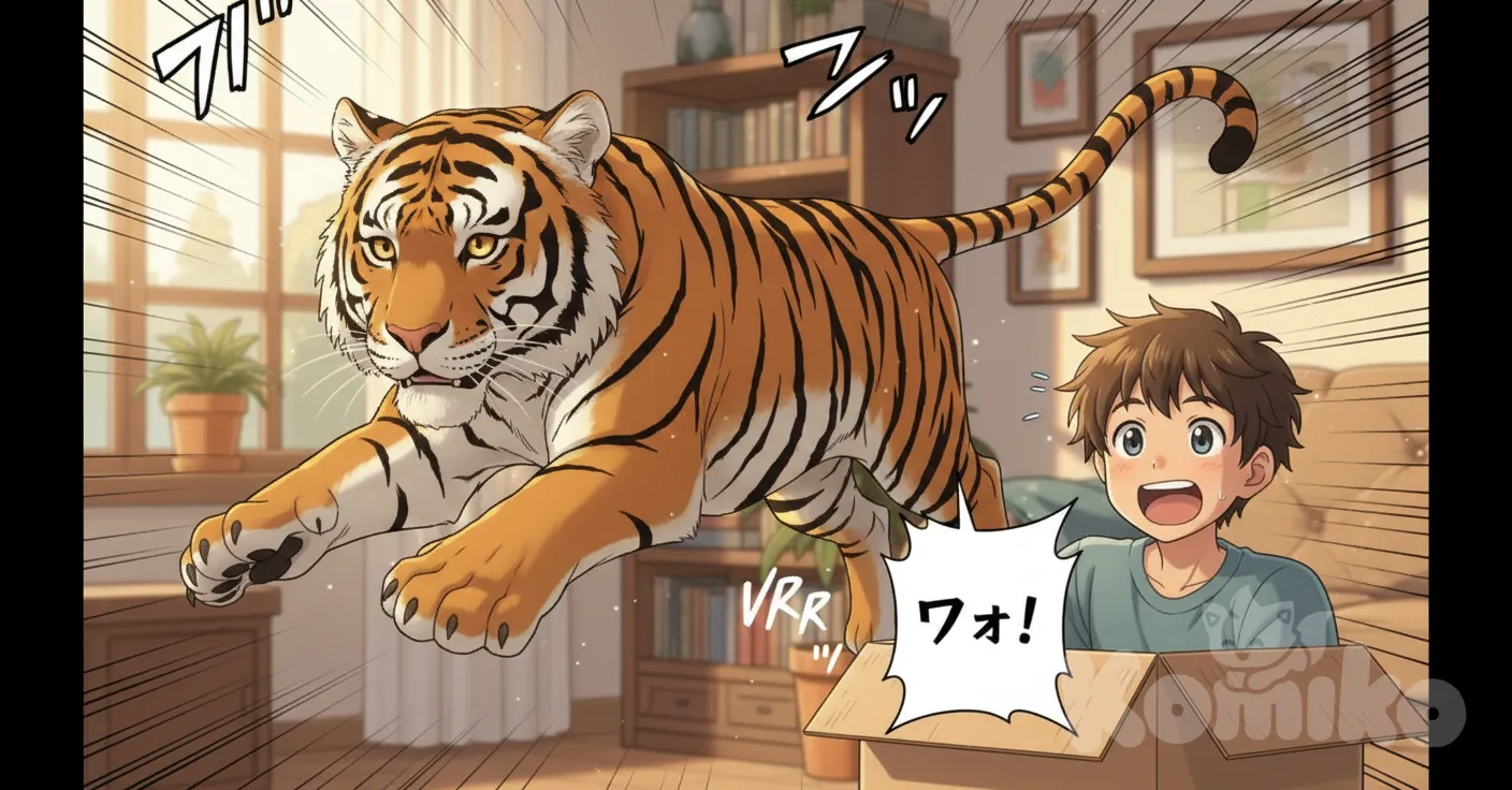 Viñeta 5: El tigre cobra vida en movimiento Plano dinámico: el tigre avanza con elegancia, quizá extendiendo una garra o moviendo la cola. Efecto sonoro o de asombro: “VRRRR” o “¡Guau!” del hermano., anime style