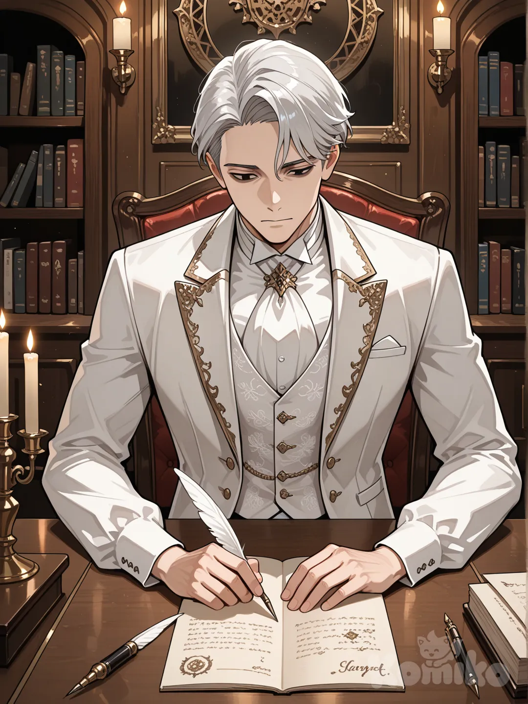 A man with silver hair, black eyes, wearing a white aristocratic dress, sitting and working for an office like a noble office, writing something using a feather pen. He is very handsome.