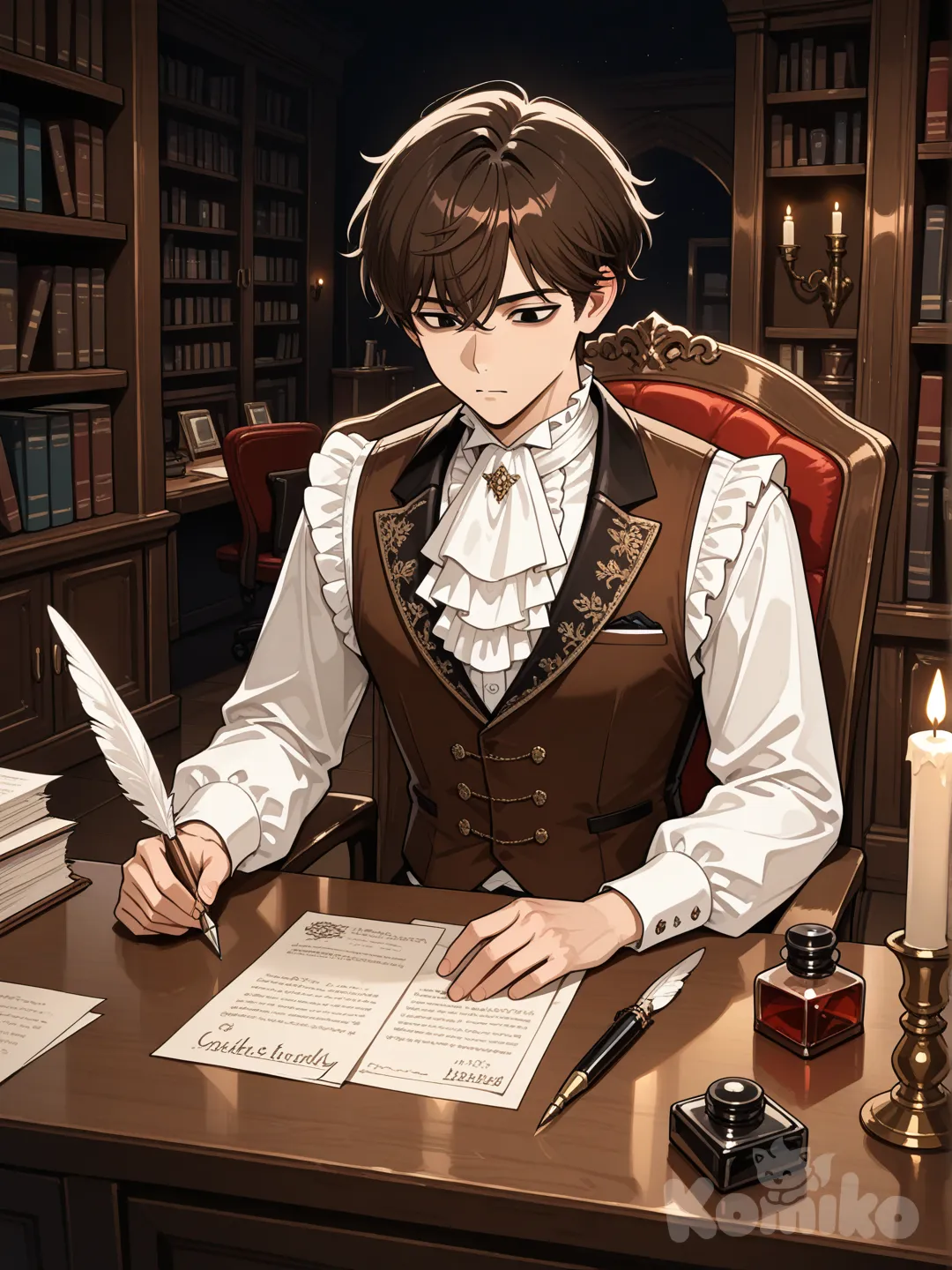 A man with brown hair, black eyes, wearing a white aristocratic dress, sitting and working for an office like a noble office, writing something using a feather pen. He is very handsome.