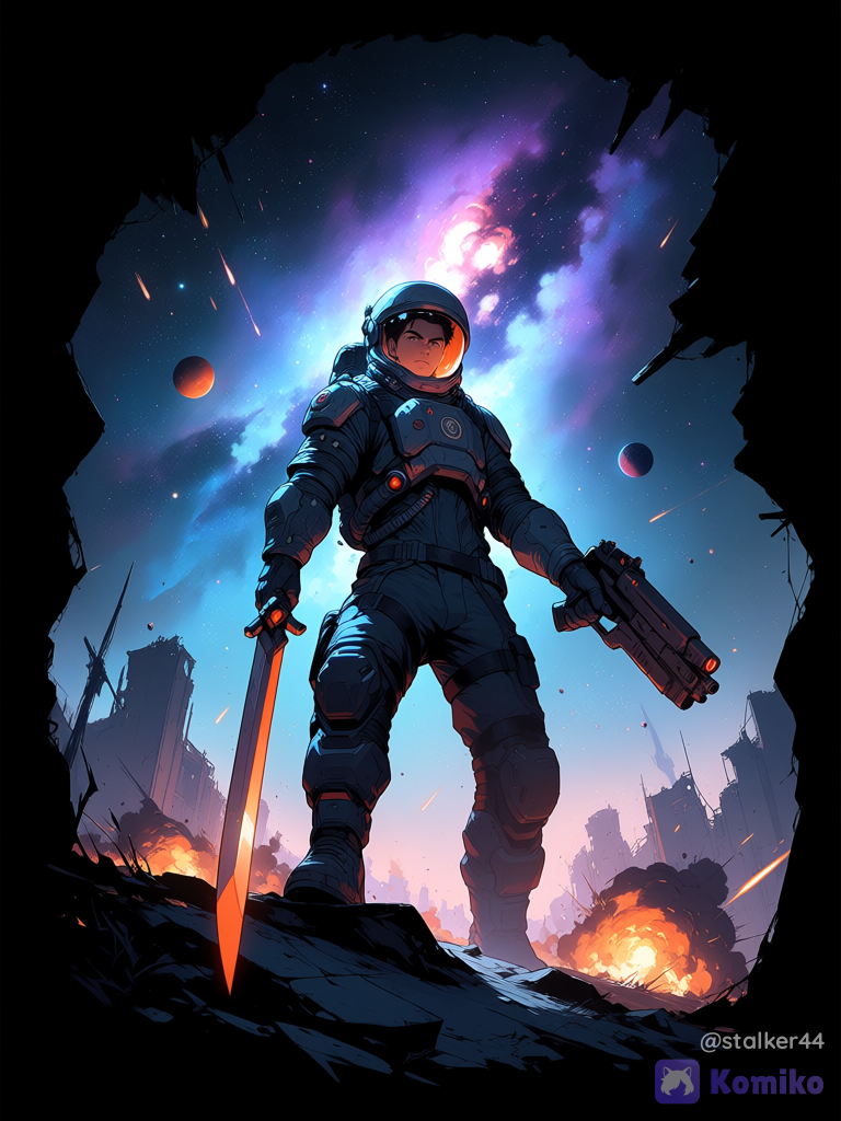 1boy, holding sword, holding gun, spacesuit, battlefield, starry sky, cosmic background