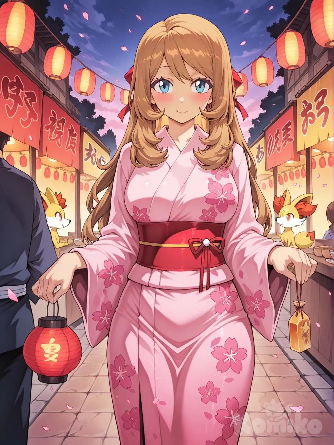 serena (pokemon), pokemon, spring_festival, lanterns, sfw, cheerful, bright smile, shoulder-length honey-blonde hair; wearing a pink festival yukata with floral patterns and a red ribbon;
pose: holding a small paper lantern in both hands, Fennekin standing beside her;
situation: enjoying a lively spring festival full of lights and soft music;
location: festival street with hanging lanterns, food stalls, gentle evening glow, petals drifting in the wind;
style: ultra high resolution, soft doujin manga style, warm pastel tones, clean lines, mogudan, shexyo, fishine