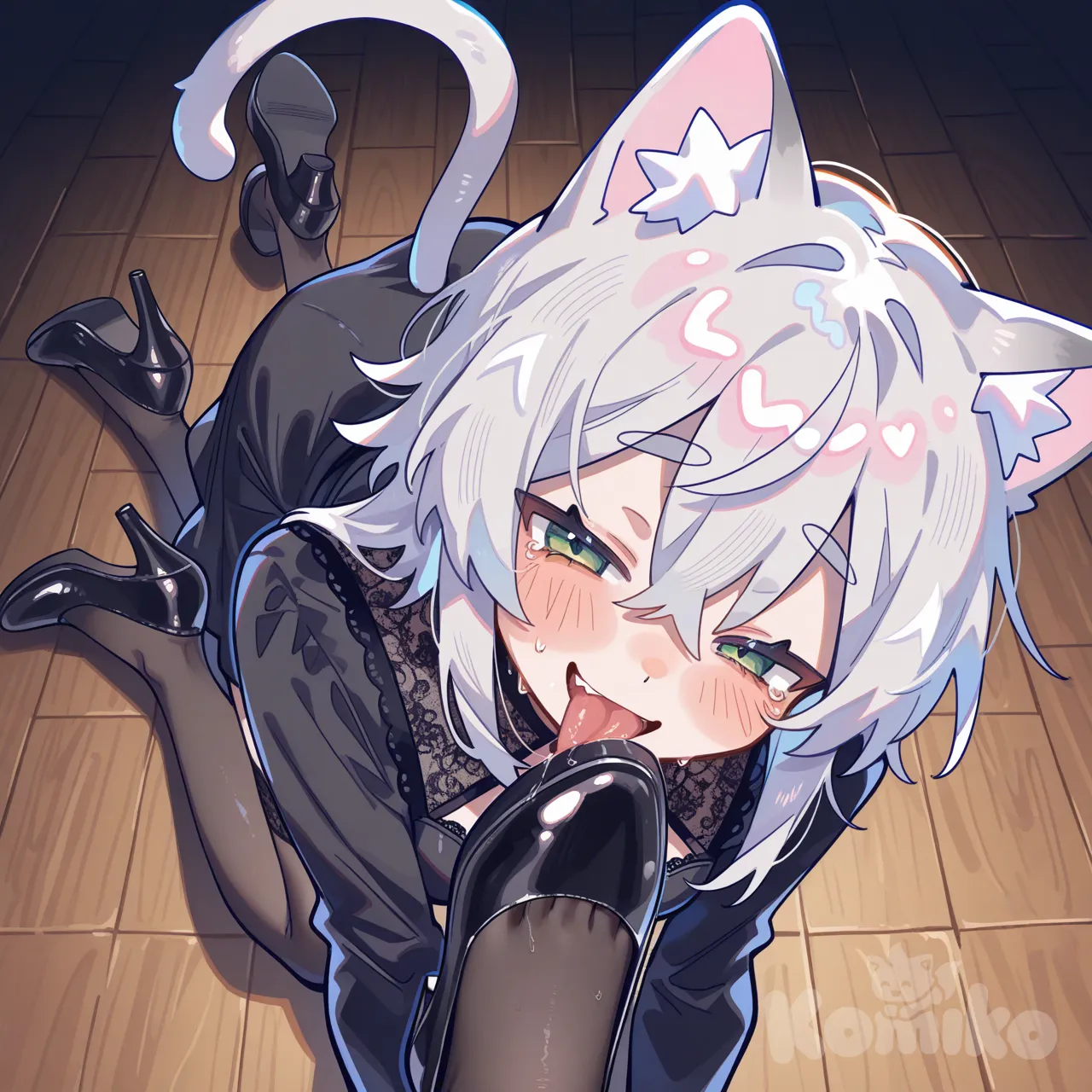 absurdres, ultra-2girl, dominating, footjob, humiliation, bdsm, femdom, from above, looking down, smug expression, cruel smile, high heels, stockings, (black high heels:1.15), (stepping on face:1.2), (foot on mouth:1.25), (licking sole:1.2), серая кошкодевочка с маленькой грудью и зелеными глазам on floor, prostrate, submissive, ashamed expression, tears, blush, (saliva on foot:1.1), (feet:1.15), (shoes:1.1), indoor, dim lighting, dramatic shadows, yknsugar, rapa rachi, uenomigi, thenintlichen96, noriuma"