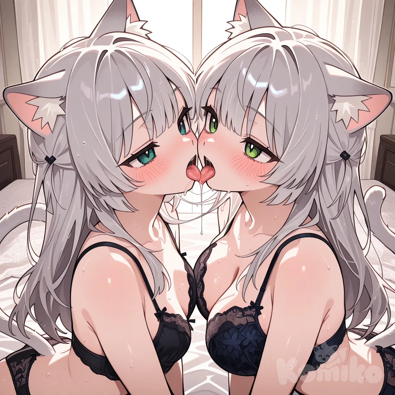 kwsby 124, yknsugar, absurdres, 2girls, близняшки, серая кошкодевочка с маленькой грудью и зелеными глазам, lingerie, bra, panties, french kiss, kissing, tongue kiss, deep kiss, open mouth, tongues, saliva, blush, heterochromia, different eye colors, (long hair:1.2), (large breasts:1.1), (passionate:1.3), intimate, close-up, bedroom, soft lighting, fabric, silk, lace, (tongues intertwined:1.4), wet tongues, sharing saliva, erotic, sensual, nsfw"