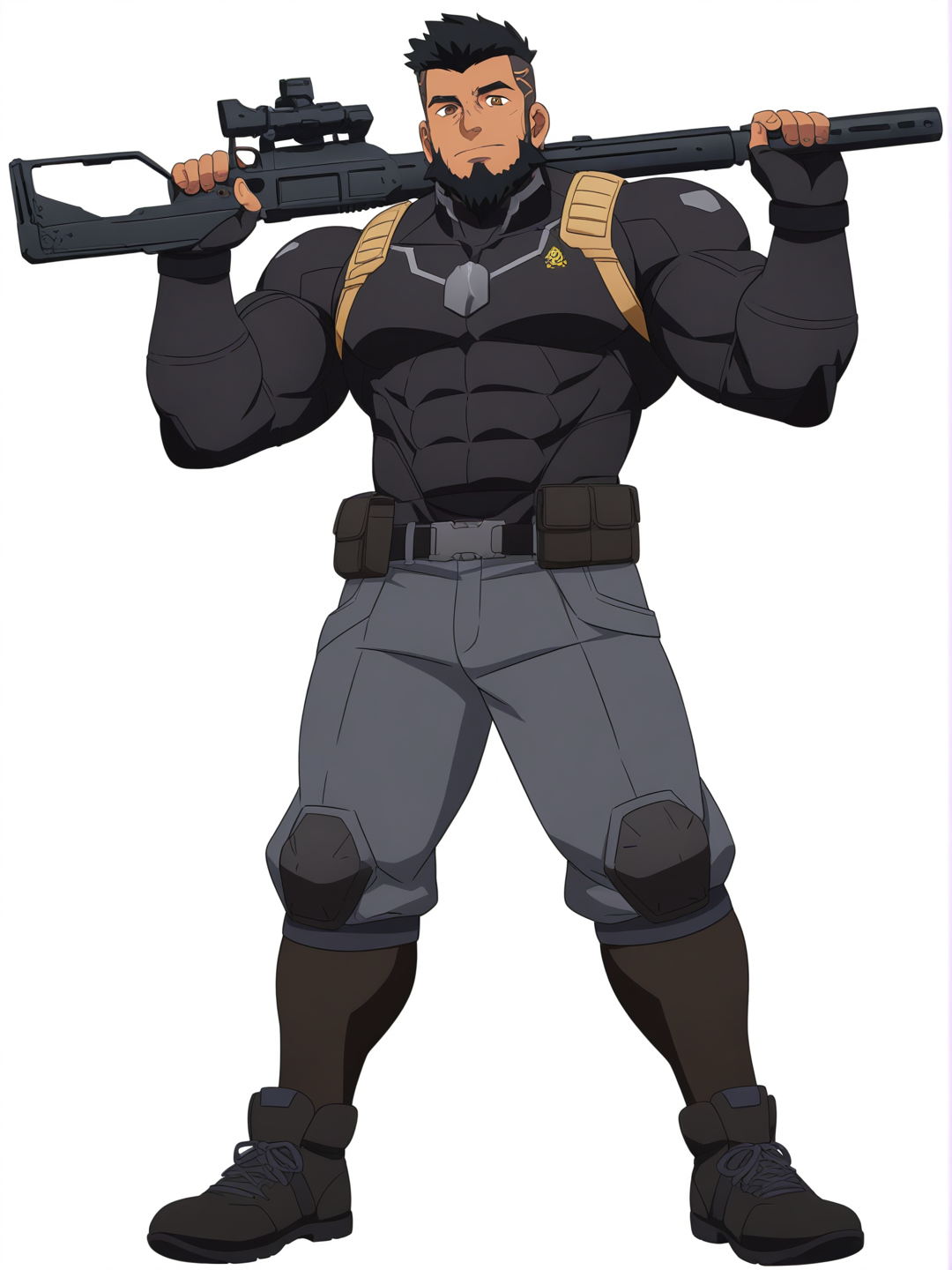 [pop-anime-style] 1boy, feminine, cyberpunk, middle_aged, muscular, tall, black_hair, brown_eyes, beard, olive_skin, tan, single_character, full_body, looking_at_viewer, anime_style, simple_background, white_background