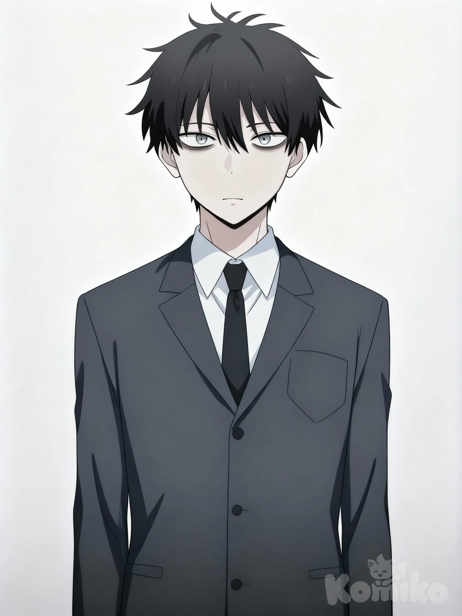 @mushasho-de-los-ojo-triste-aCTZ, A straight, front-facing standing pose with a neutral, balanced posture. Arms resting naturally at the sides. Head aligned forward. A calm, neutral facial expression that preserves the character’s original features and personality, with relaxed eyes, natural brows, and an unchanged, subtle expression.