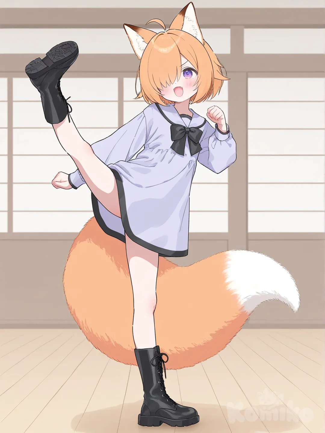 elevação de uma perna esticada, smile, angry, dojo, full body, standing, [soft-pastel-style], @Komiko_Chan