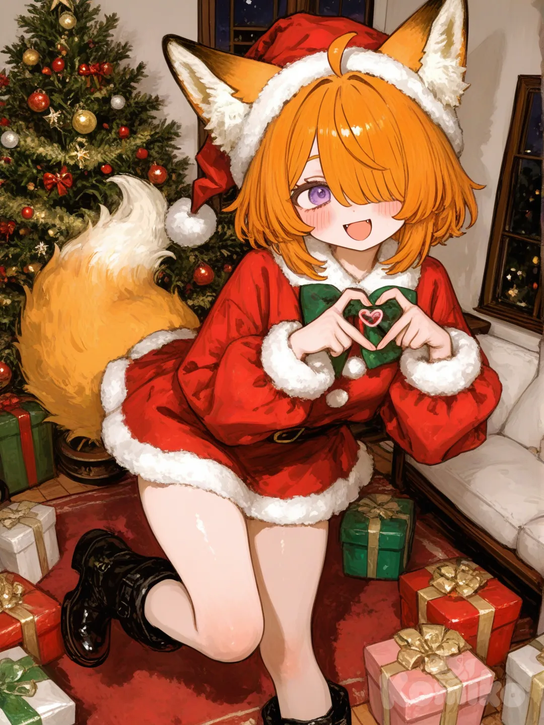 @Komiko_Chan, christmas suit, making heart with hands, one leg up, room, christmas tree, christmas gift, christmas hat, [sweet-painting-style]