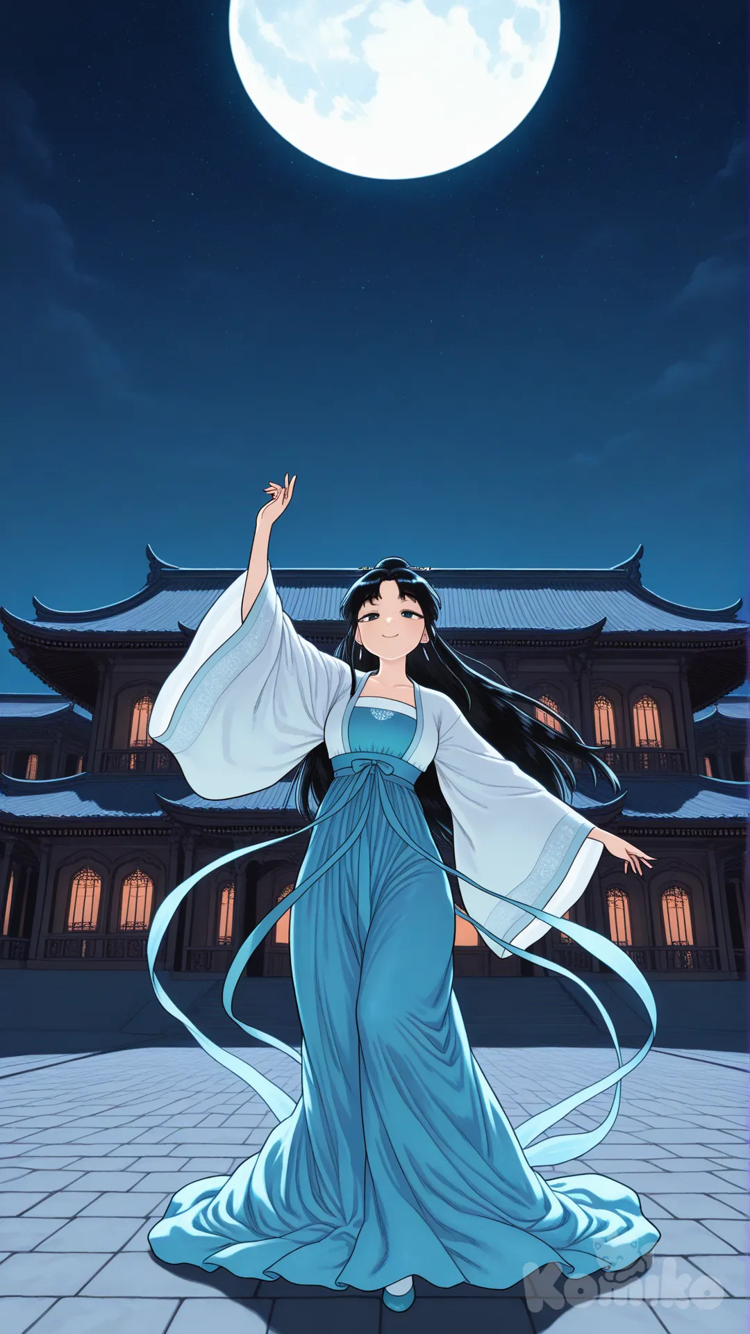Woman, in imperial Chinese dress, Chinese palace, dancing, under the moon, tsukudani (coke-buta), full body